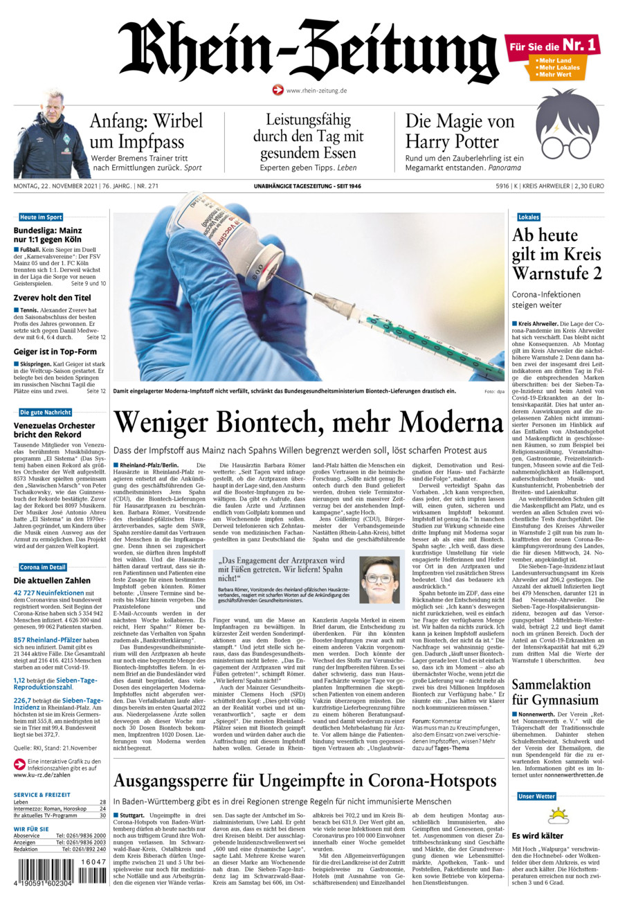 Rhein-Zeitung Kreis Ahrweiler vom Montag, 22.11.2021