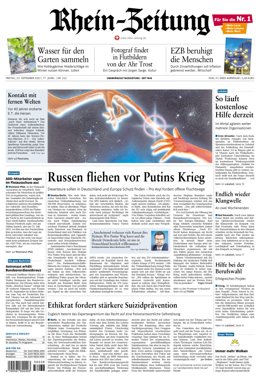Rhein-Zeitung Kreis Ahrweiler vom Freitag, 23.09.2022
