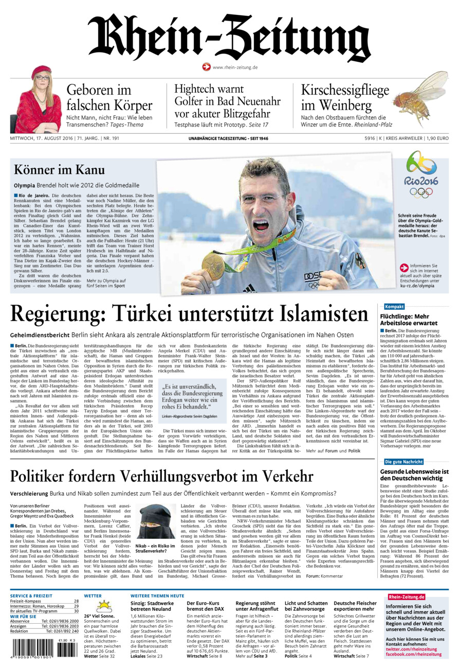 Rhein-Zeitung Kreis Ahrweiler vom Mittwoch, 17.08.2016