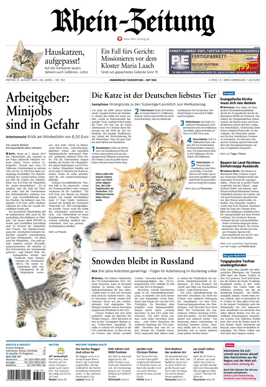 Rhein-Zeitung Kreis Ahrweiler vom Freitag, 08.08.2014