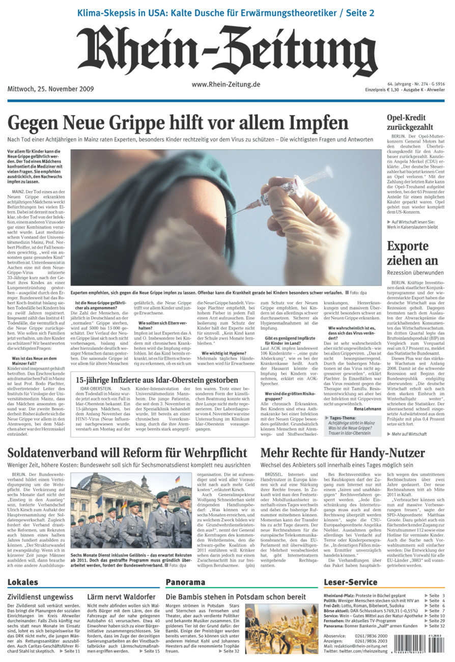 Rhein-Zeitung Kreis Ahrweiler vom Mittwoch, 25.11.2009