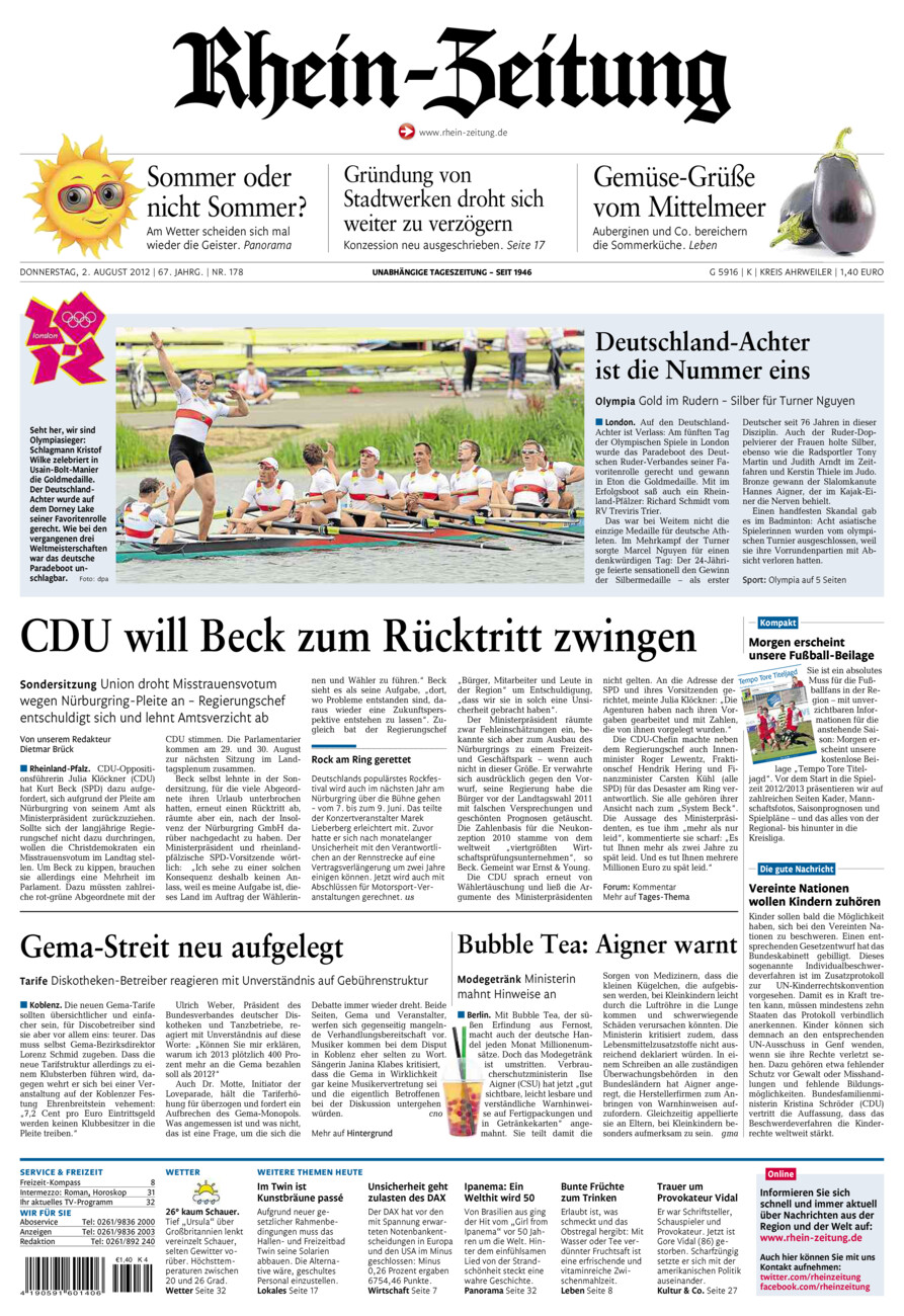 Rhein-Zeitung Kreis Ahrweiler vom Donnerstag, 02.08.2012