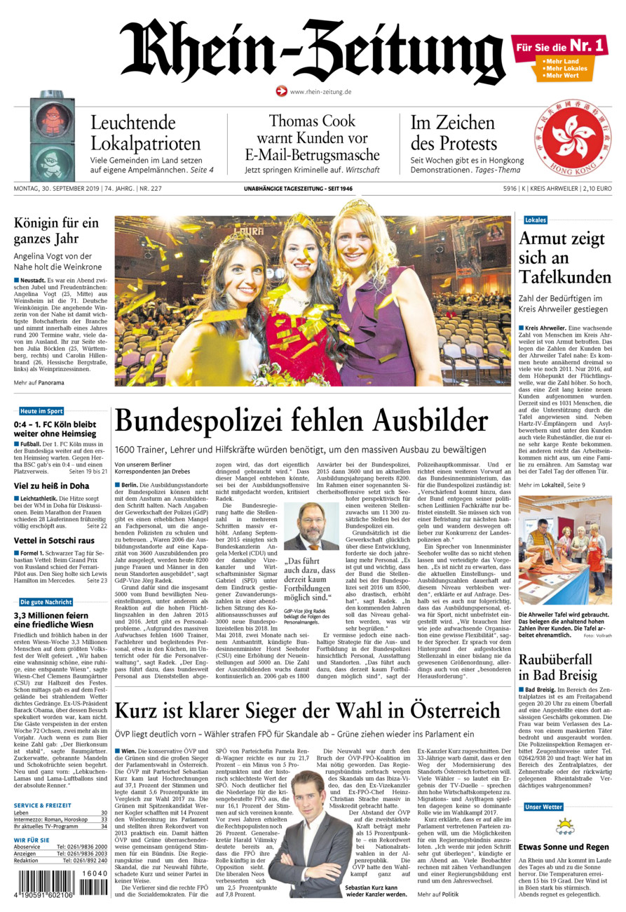 Rhein-Zeitung Kreis Ahrweiler vom Montag, 30.09.2019