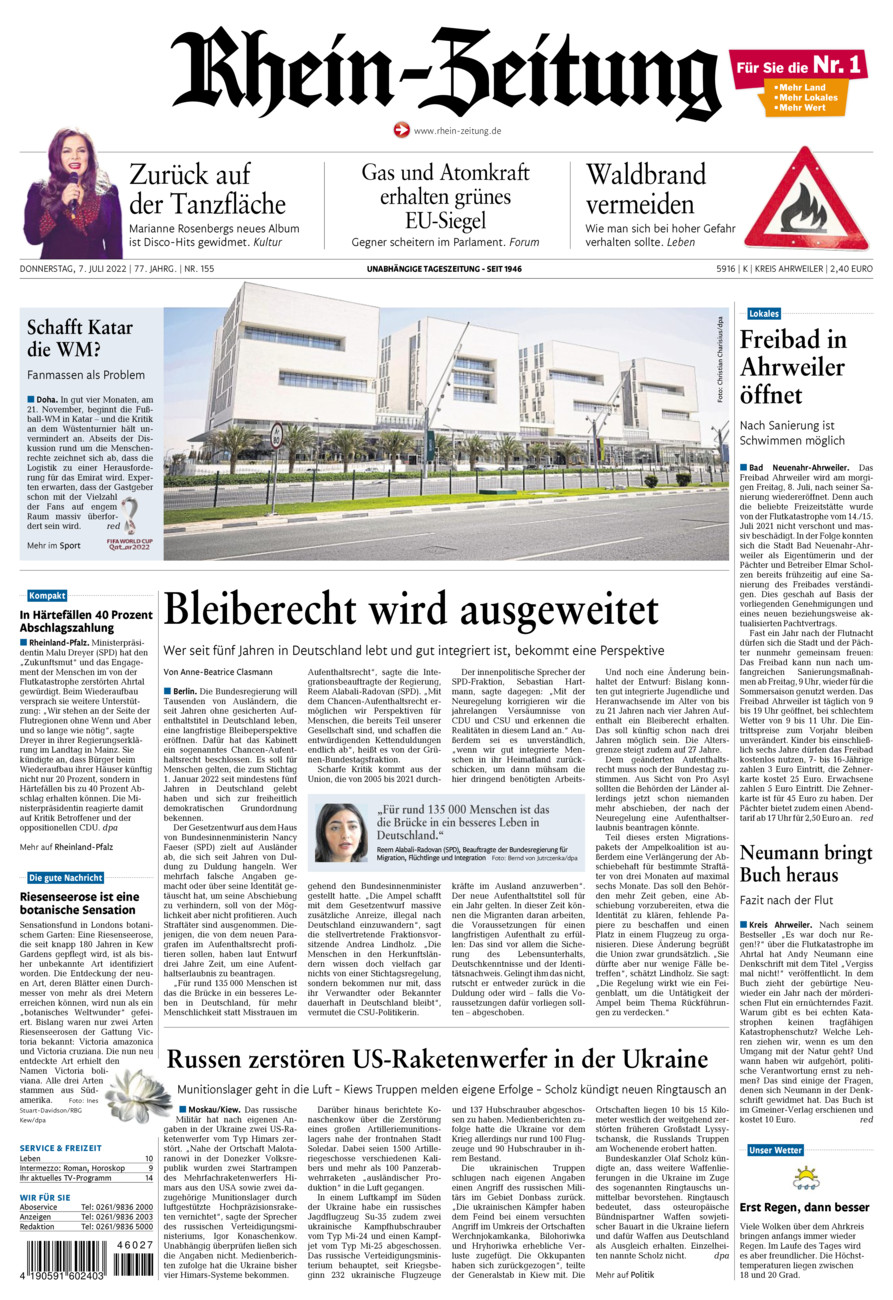 Rhein-Zeitung Kreis Ahrweiler vom Donnerstag, 07.07.2022