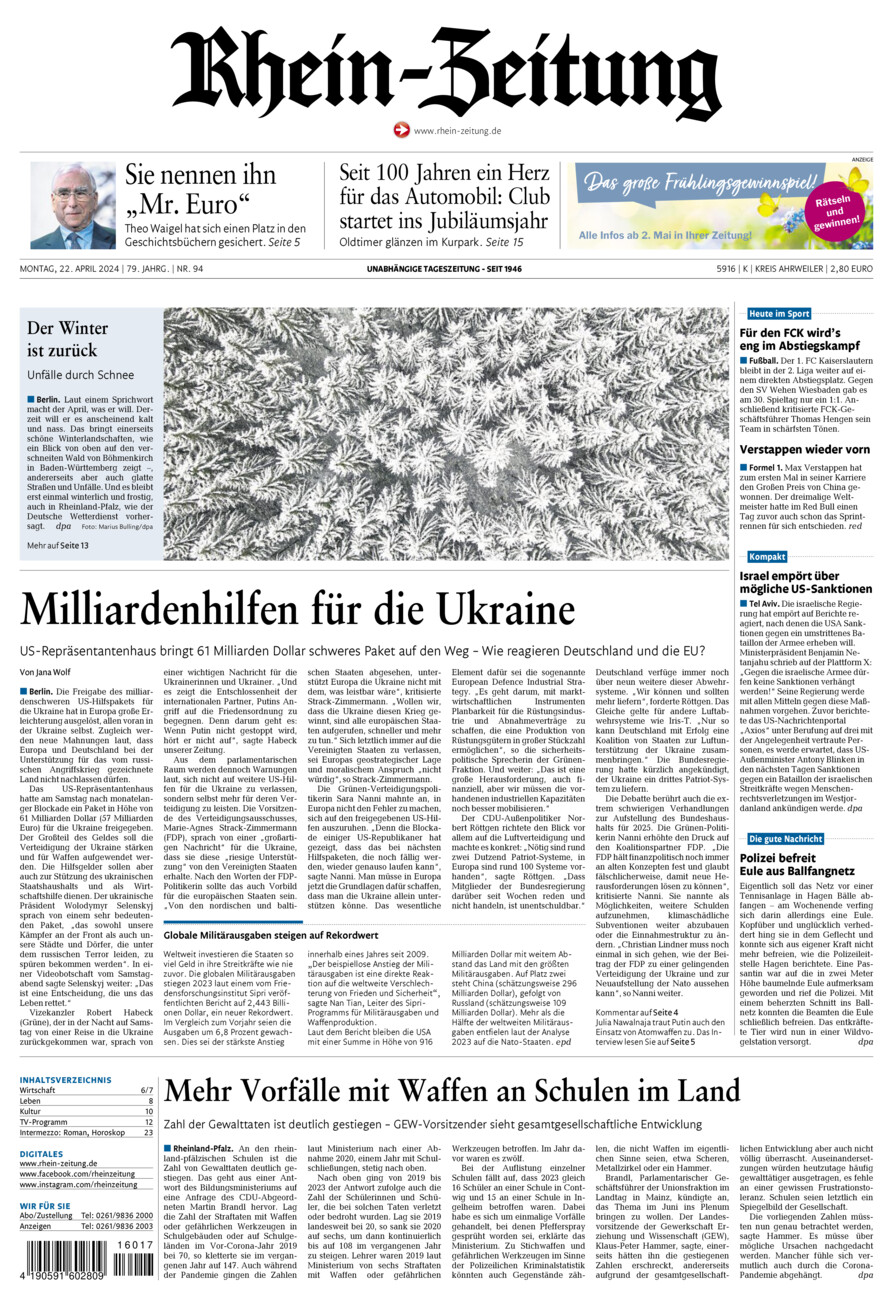 Rhein-Zeitung Kreis Ahrweiler vom Montag, 22.04.2024
