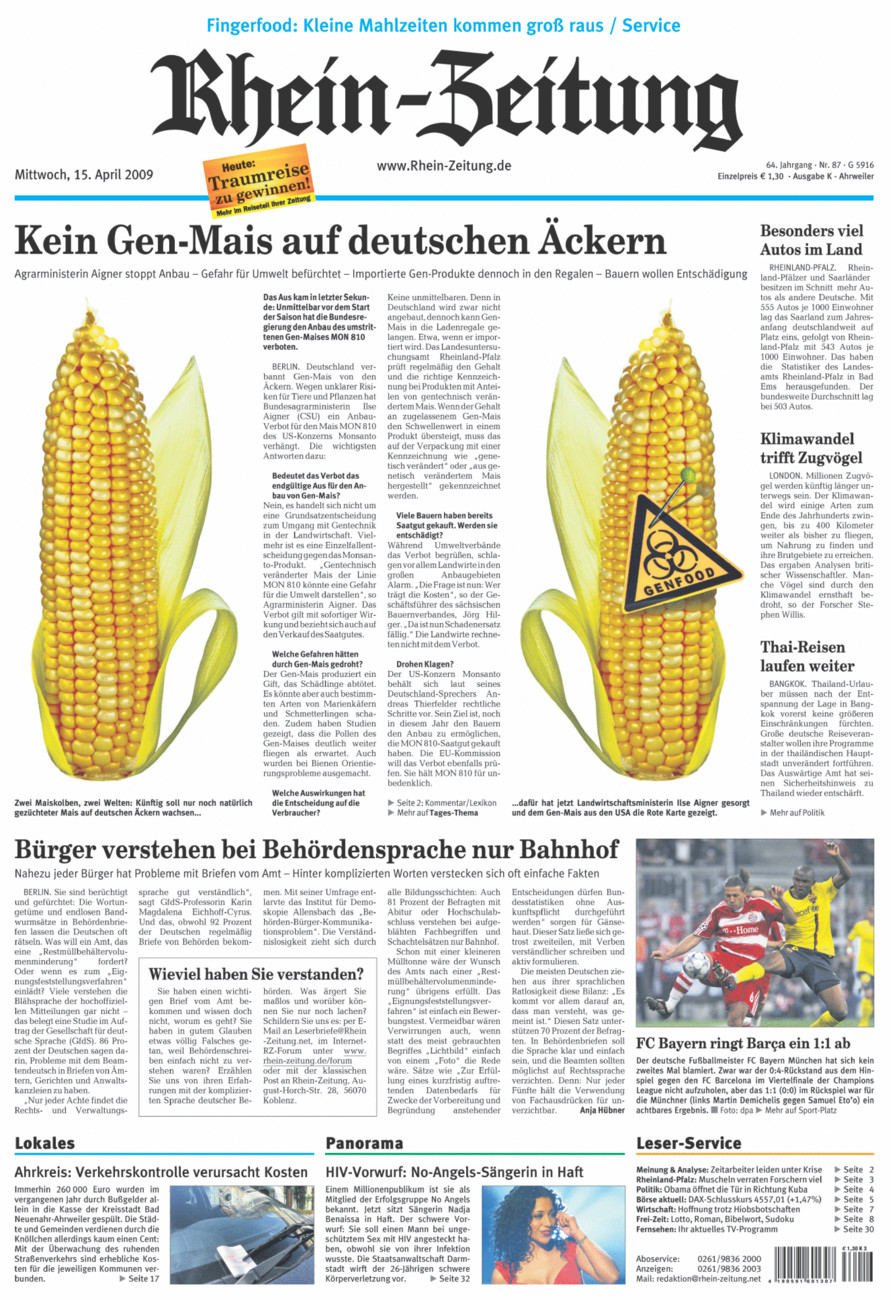 Rhein-Zeitung Kreis Ahrweiler vom Mittwoch, 15.04.2009