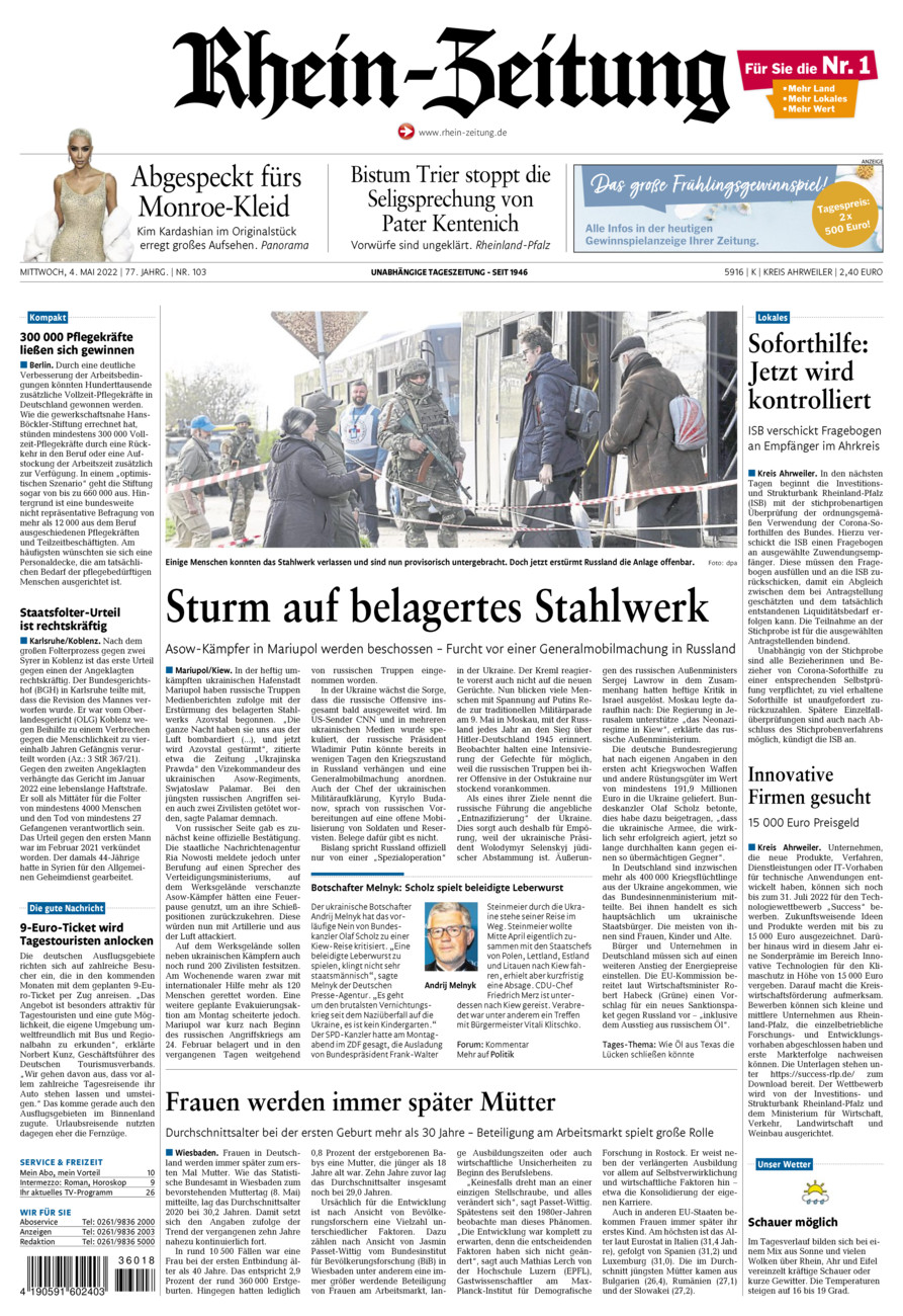 Rhein-Zeitung Kreis Ahrweiler vom Mittwoch, 04.05.2022