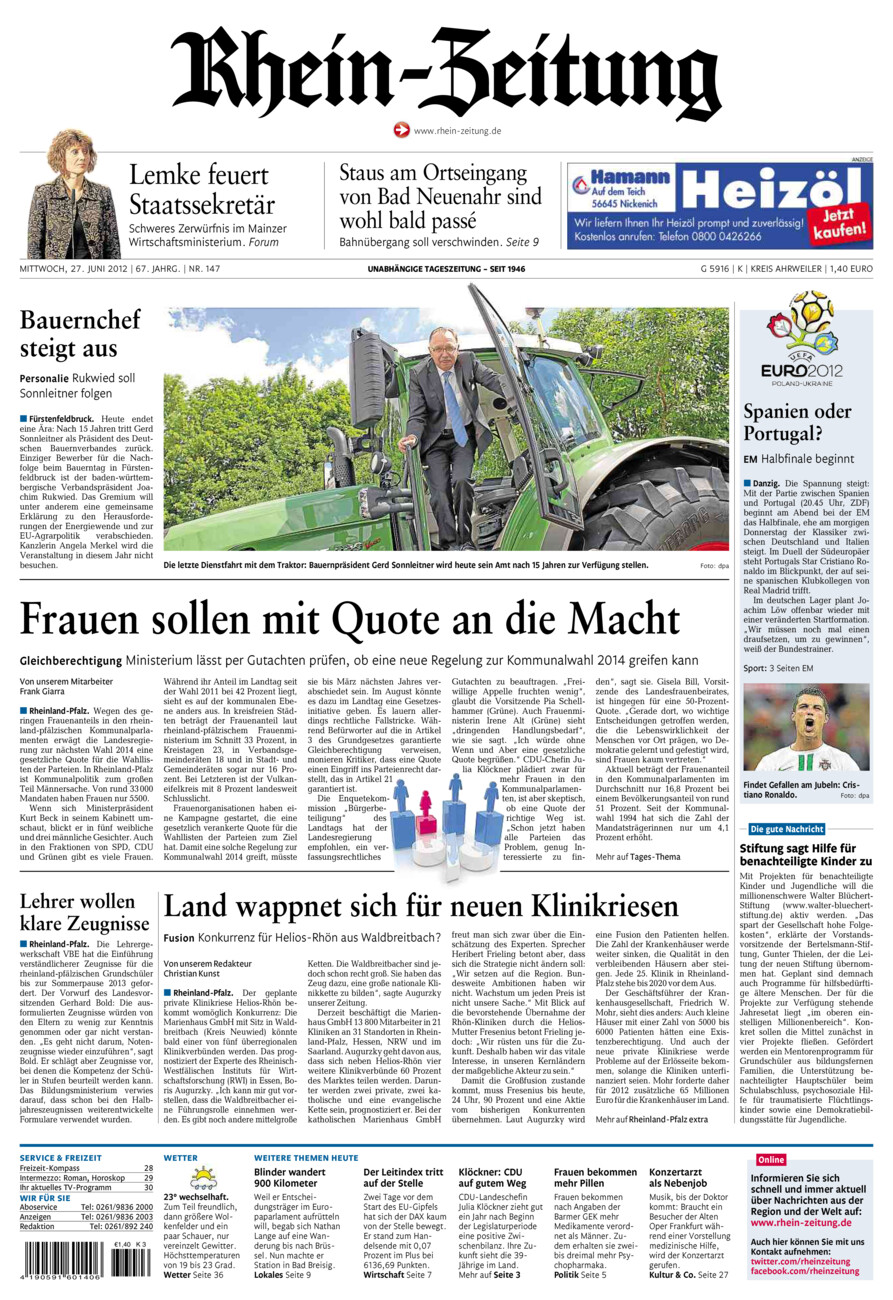 Rhein-Zeitung Kreis Ahrweiler vom Mittwoch, 27.06.2012