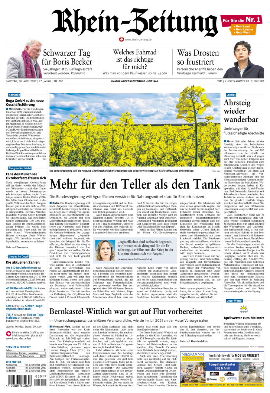 Rhein-Zeitung Kreis Ahrweiler vom Samstag, 30.04.2022