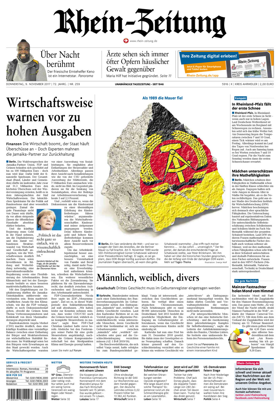 Rhein-Zeitung Kreis Ahrweiler vom Donnerstag, 09.11.2017