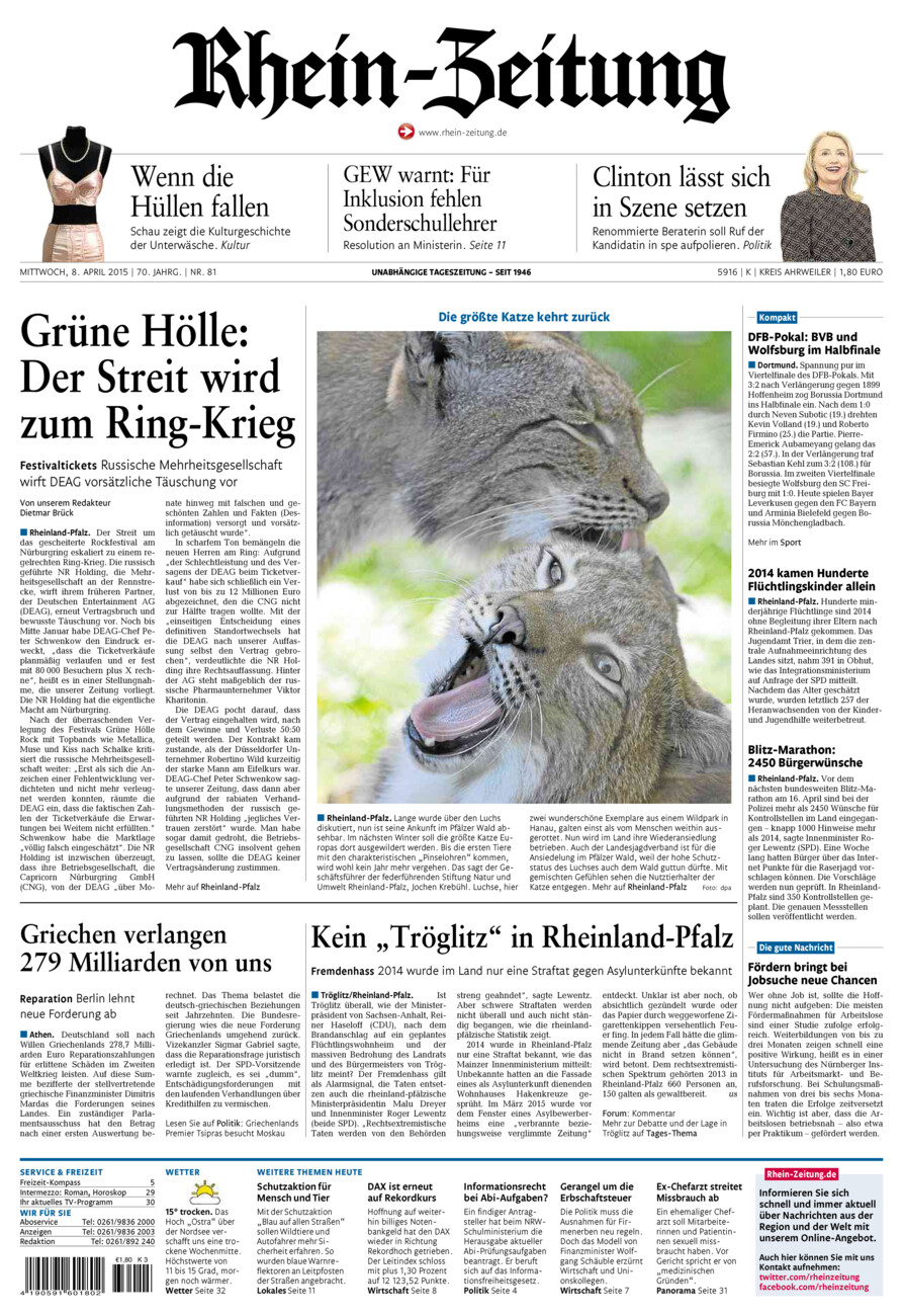Rhein-Zeitung Kreis Ahrweiler vom Mittwoch, 08.04.2015