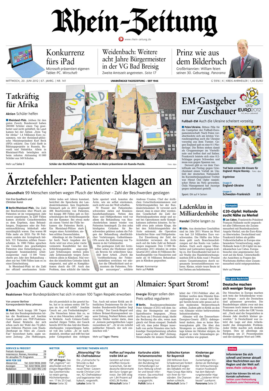 Rhein-Zeitung Kreis Ahrweiler vom Mittwoch, 20.06.2012