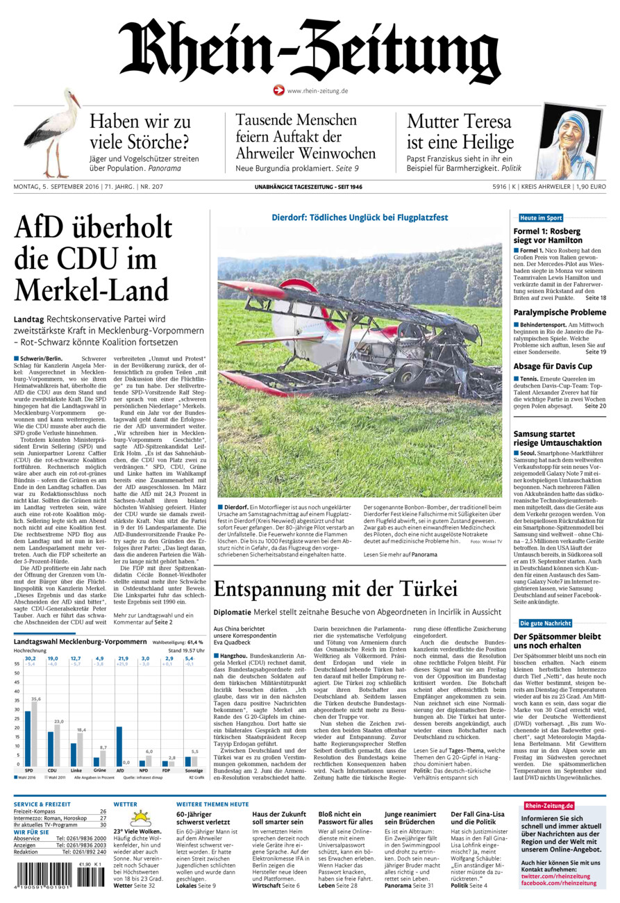 Rhein-Zeitung Kreis Ahrweiler vom Montag, 05.09.2016