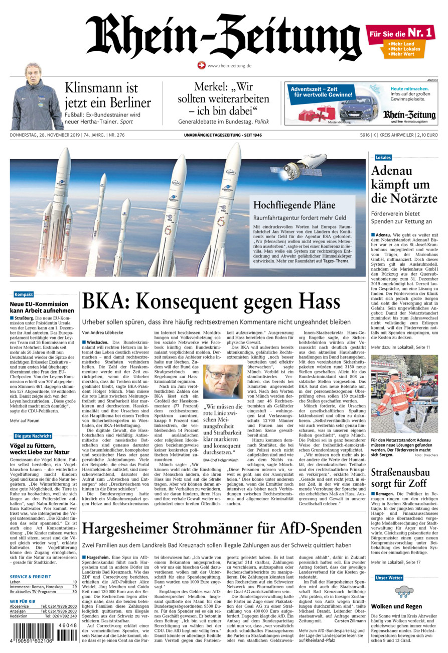 Rhein-Zeitung Kreis Ahrweiler vom Donnerstag, 28.11.2019