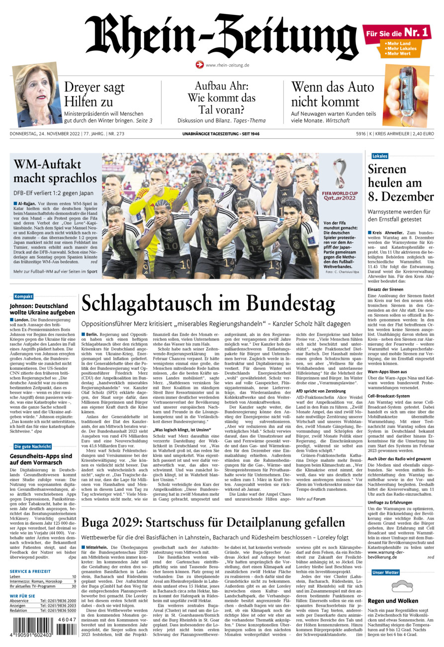 Rhein-Zeitung Kreis Ahrweiler vom Donnerstag, 24.11.2022