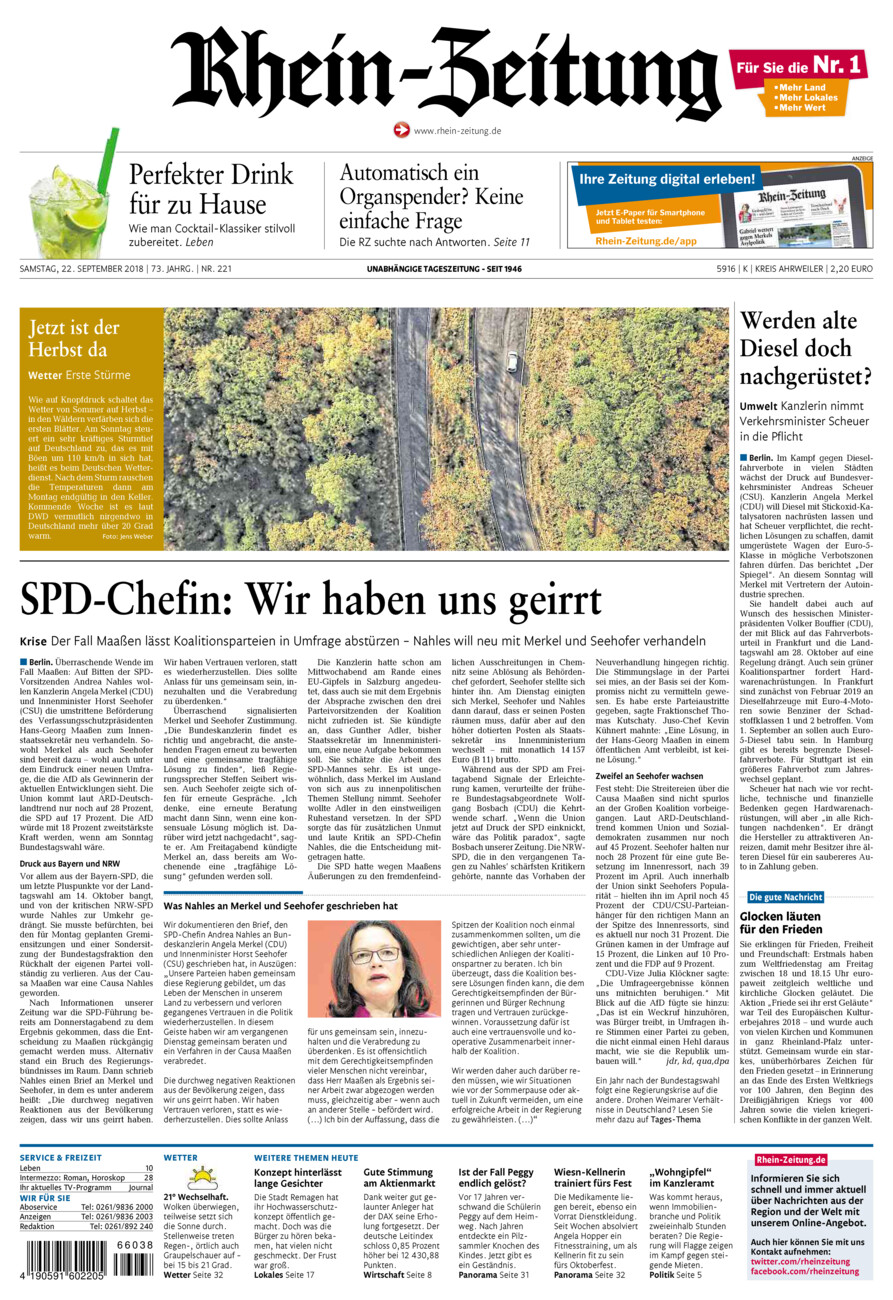 Rhein-Zeitung Kreis Ahrweiler vom Samstag, 22.09.2018