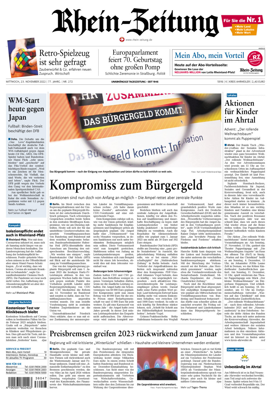 Rhein-Zeitung Kreis Ahrweiler vom Mittwoch, 23.11.2022