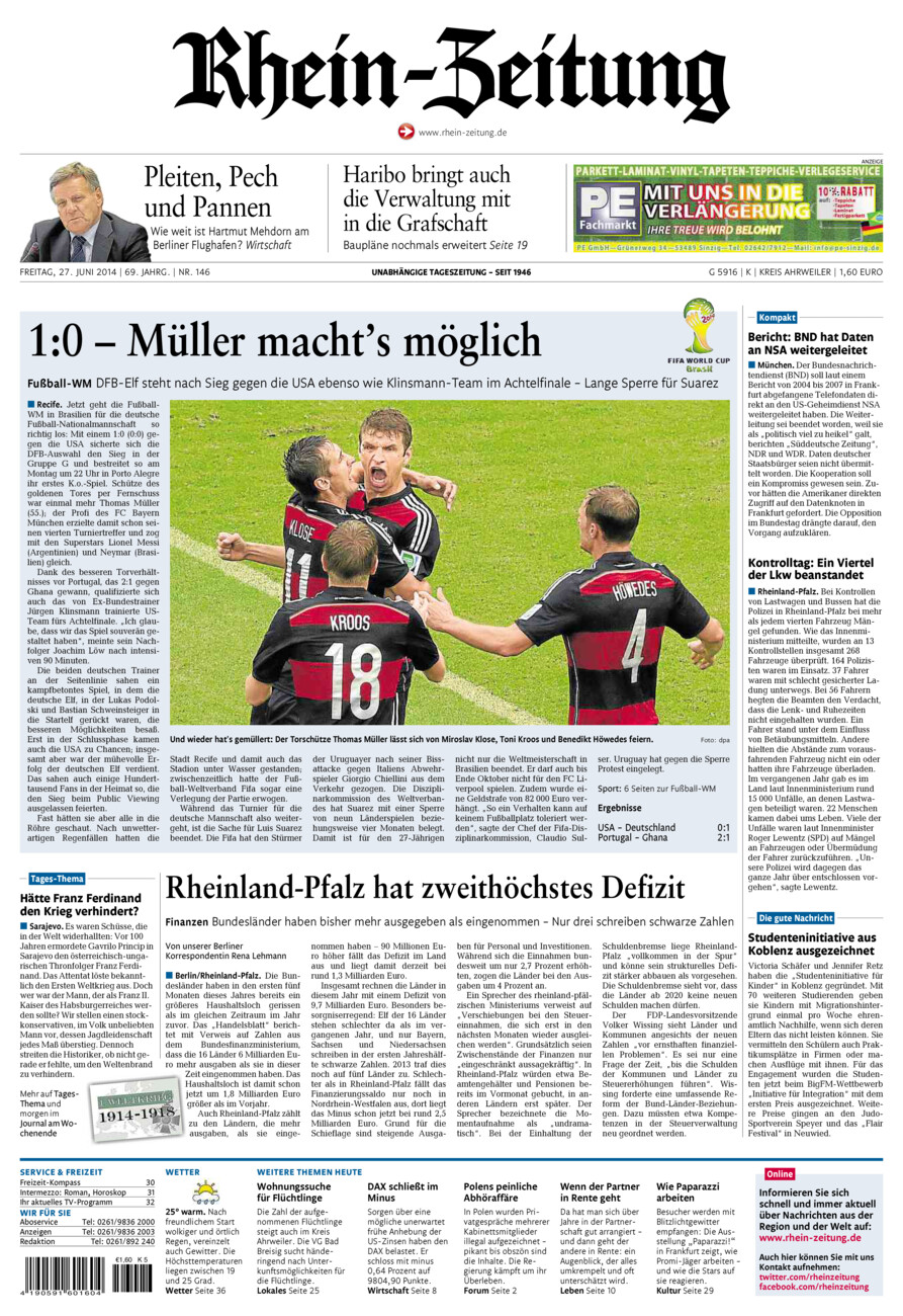 Rhein-Zeitung Kreis Ahrweiler vom Freitag, 27.06.2014