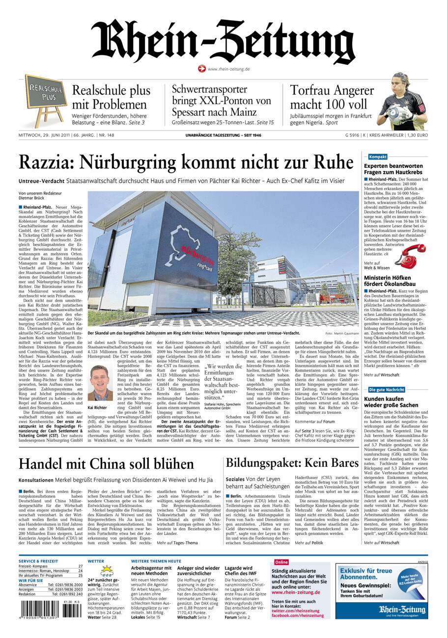 Rhein-Zeitung Kreis Ahrweiler vom Mittwoch, 29.06.2011