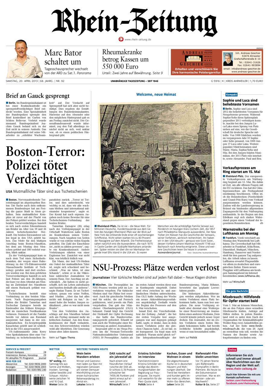 Rhein-Zeitung Kreis Ahrweiler vom Samstag, 20.04.2013