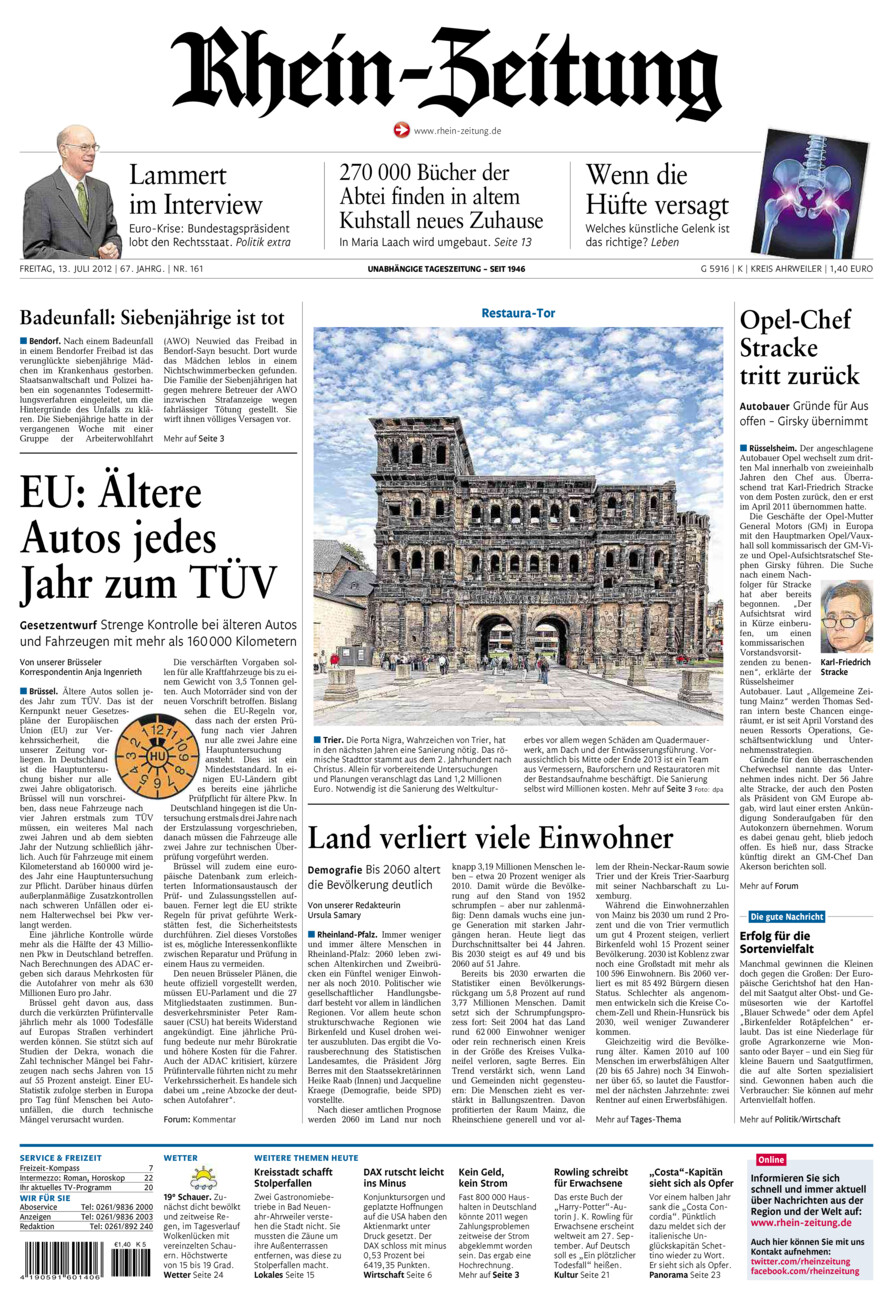 Rhein-Zeitung Kreis Ahrweiler vom Freitag, 13.07.2012
