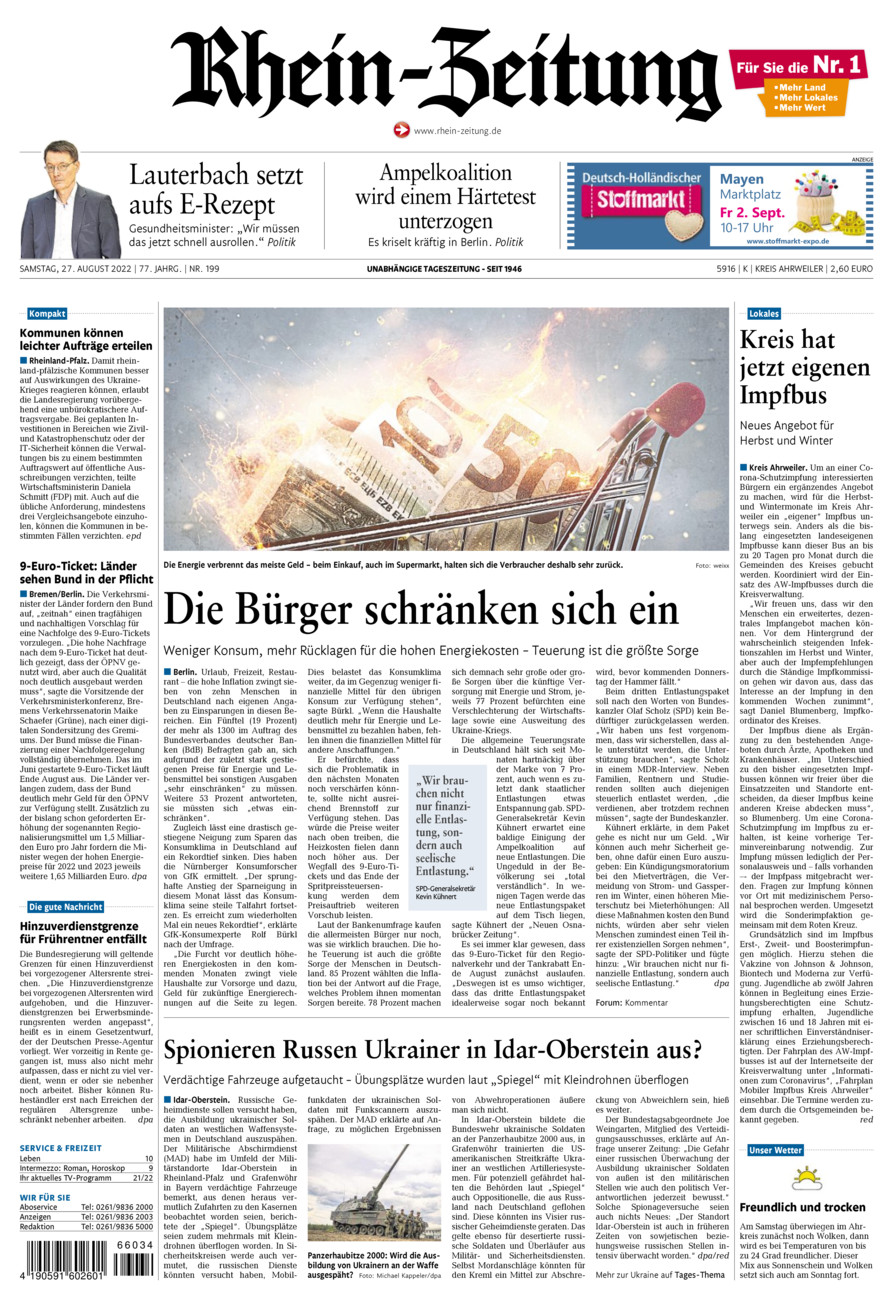 Rhein-Zeitung Kreis Ahrweiler vom Samstag, 27.08.2022