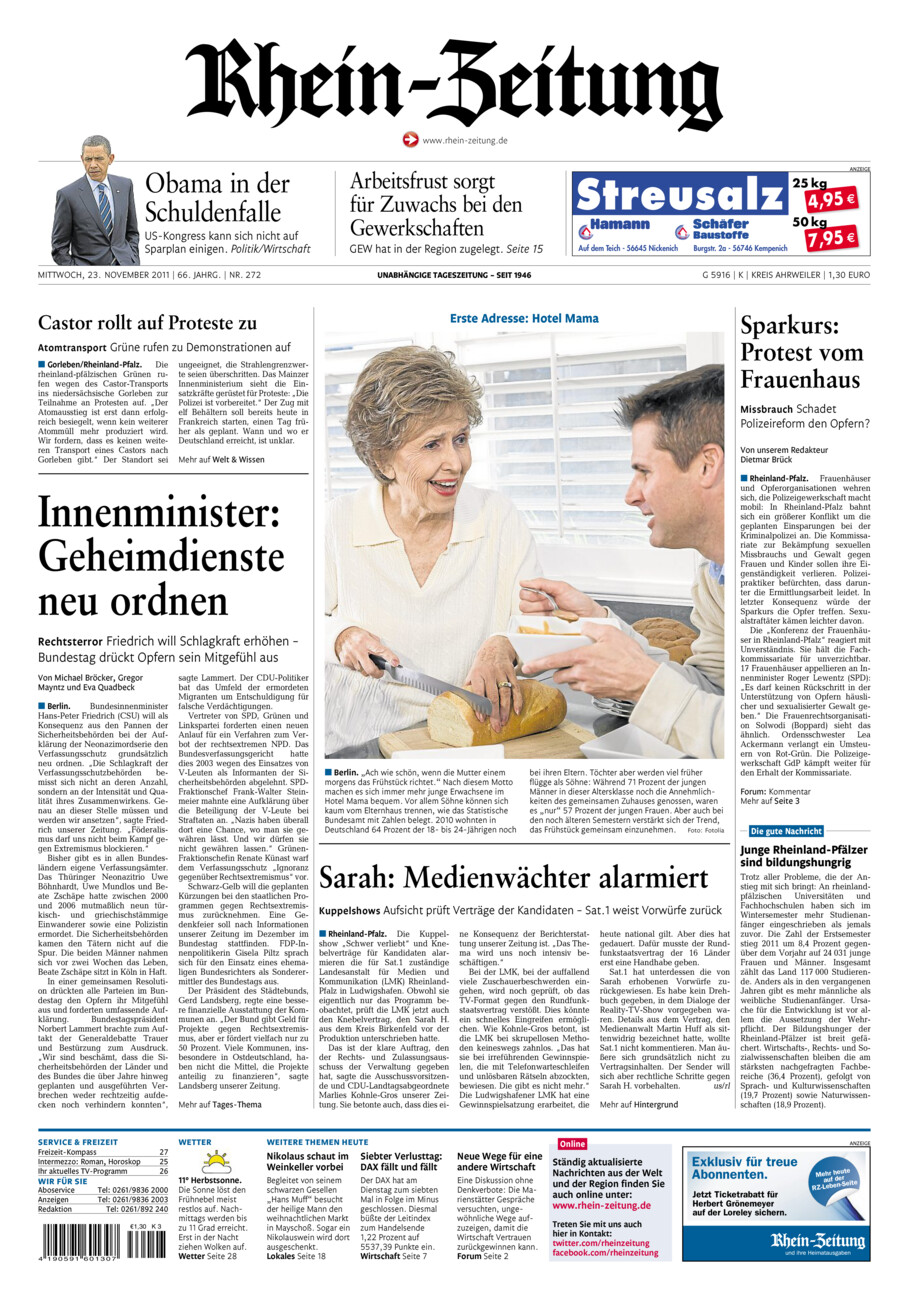 Rhein-Zeitung Kreis Ahrweiler vom Mittwoch, 23.11.2011