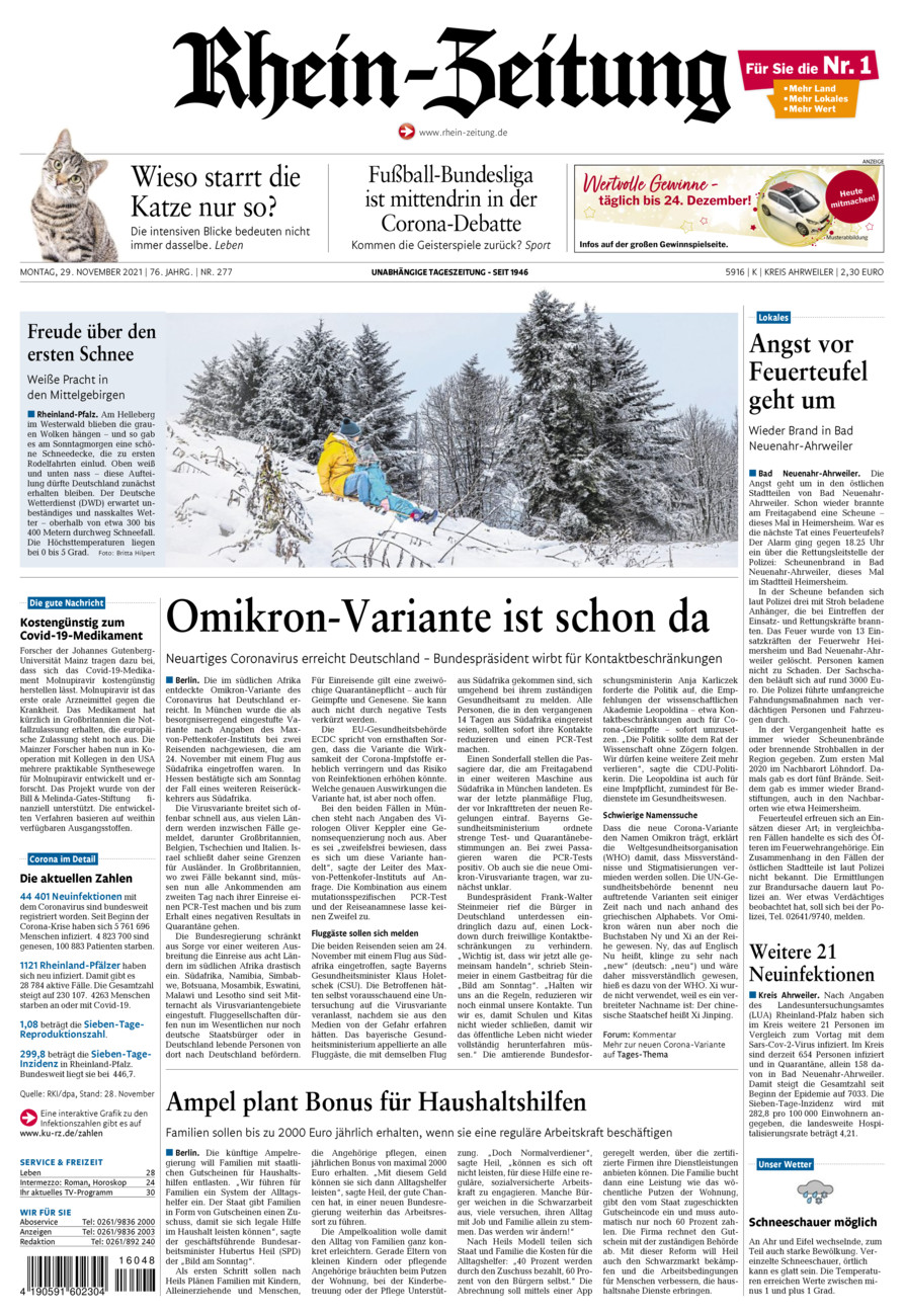 Rhein-Zeitung Kreis Ahrweiler vom Montag, 29.11.2021