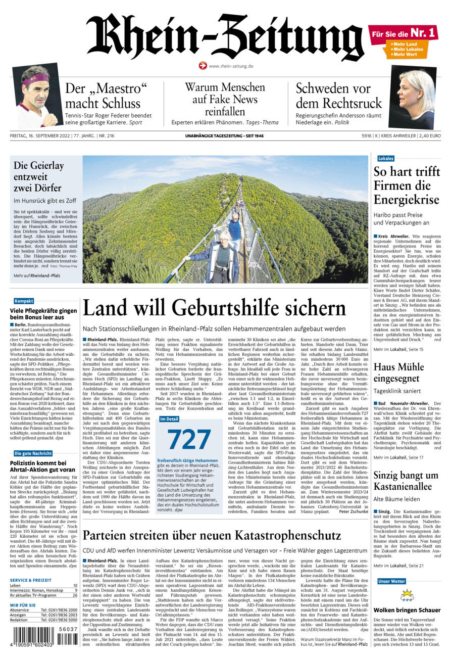 Rhein-Zeitung Kreis Ahrweiler vom Freitag, 16.09.2022