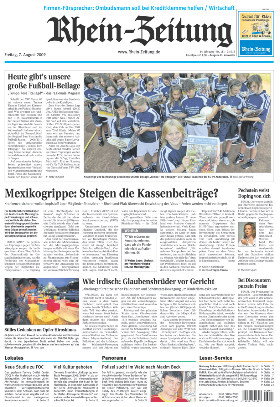 Rhein-Zeitung Kreis Ahrweiler vom Freitag, 07.08.2009