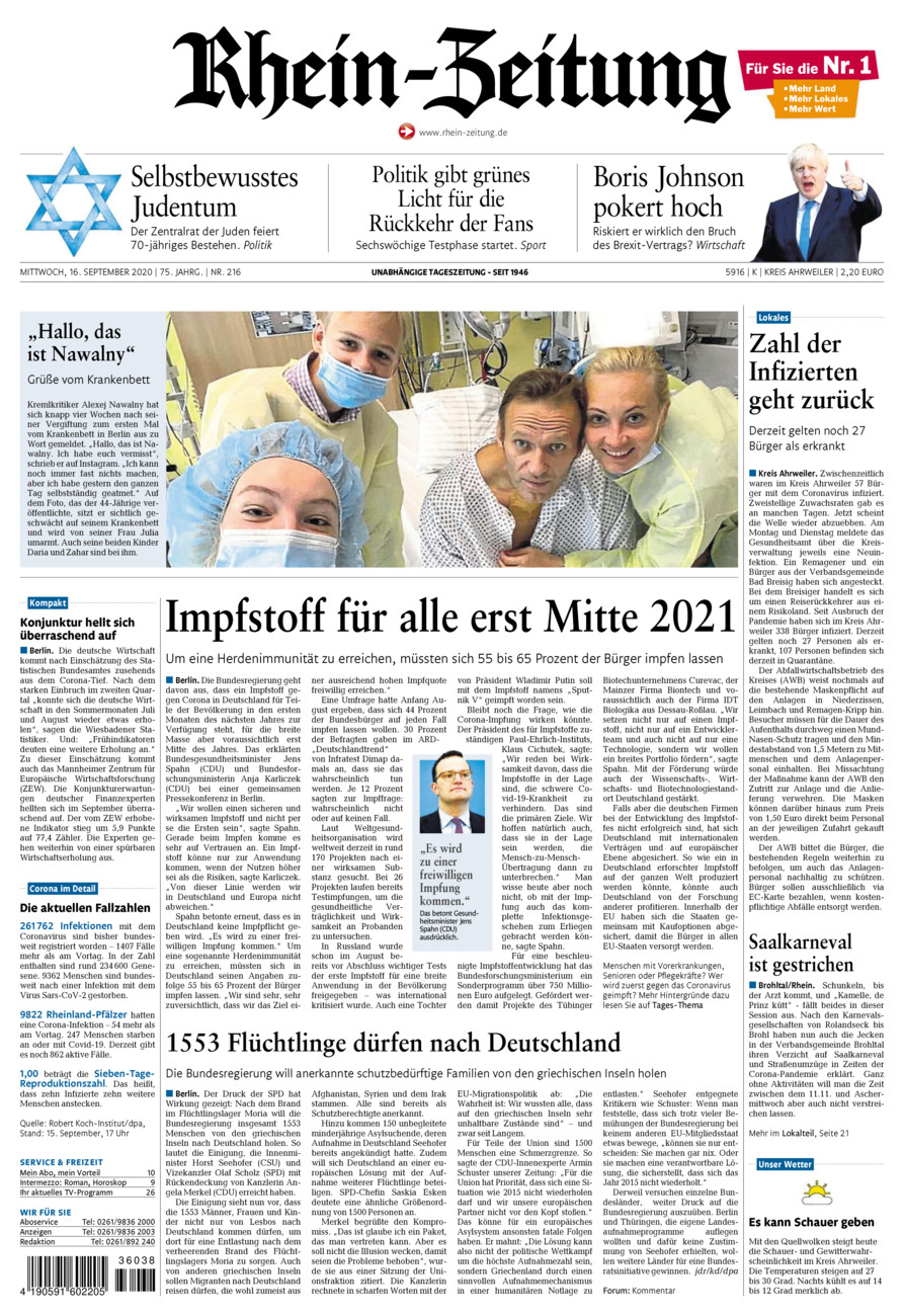 Rhein-Zeitung Kreis Ahrweiler vom Mittwoch, 16.09.2020