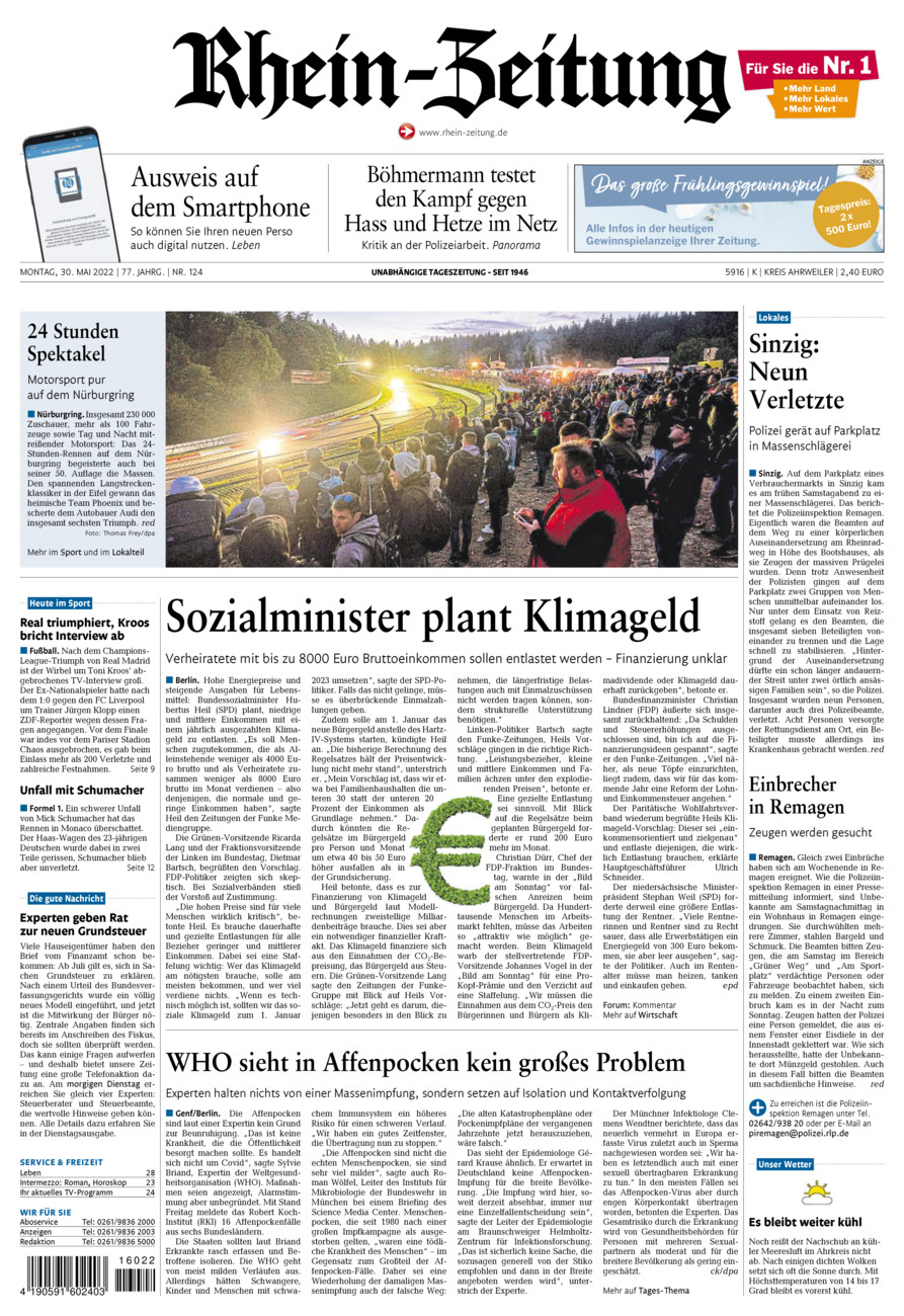 Rhein-Zeitung Kreis Ahrweiler vom Montag, 30.05.2022