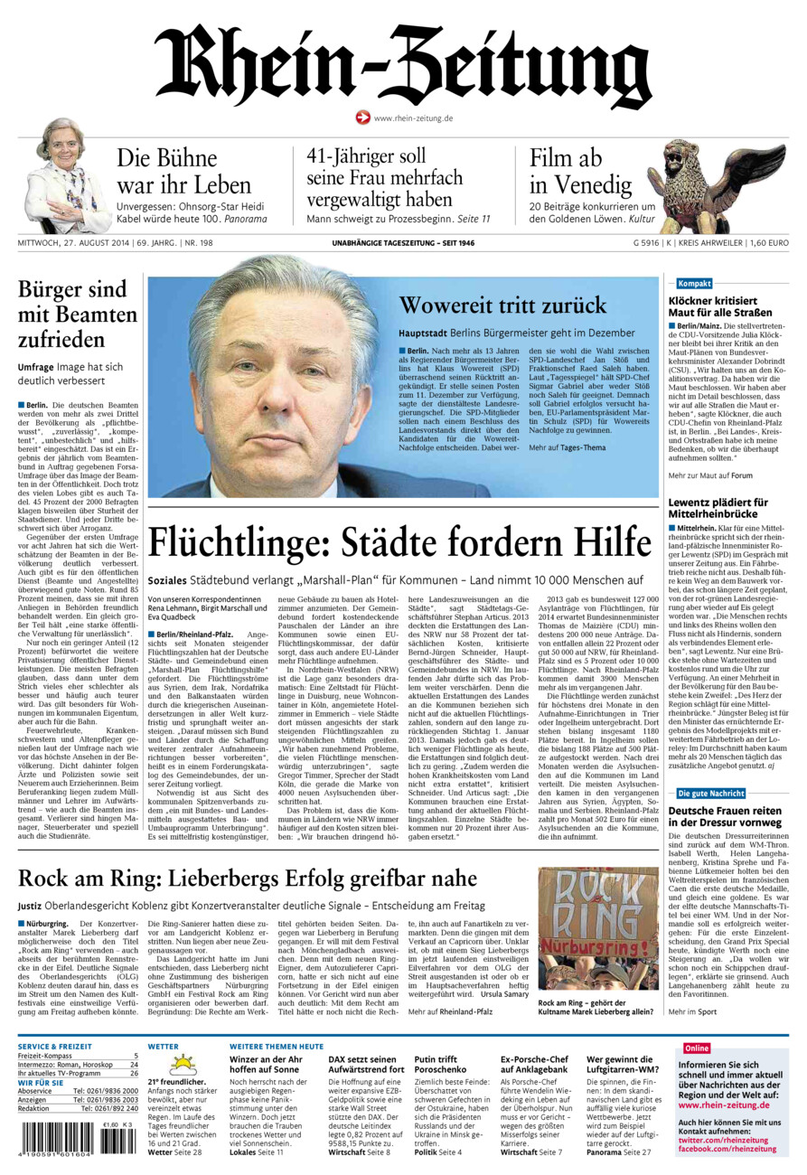 Rhein-Zeitung Kreis Ahrweiler vom Mittwoch, 27.08.2014