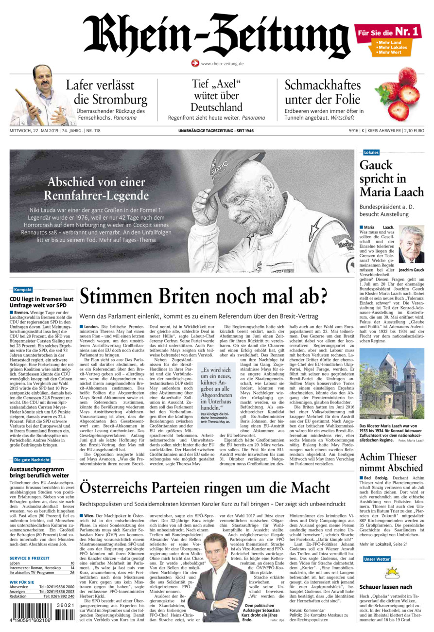 Rhein-Zeitung Kreis Ahrweiler vom Mittwoch, 22.05.2019