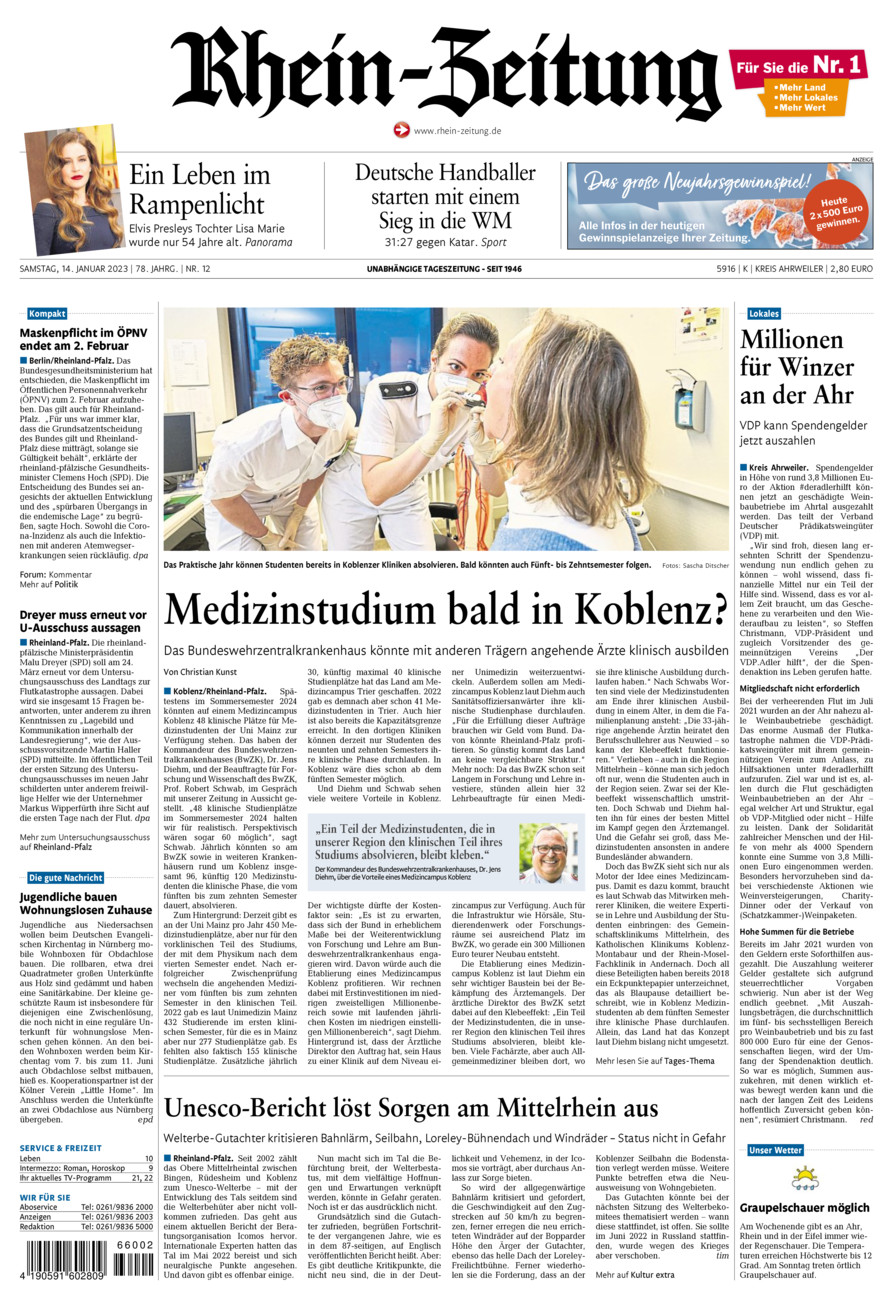 Rhein-Zeitung Kreis Ahrweiler vom Samstag, 14.01.2023