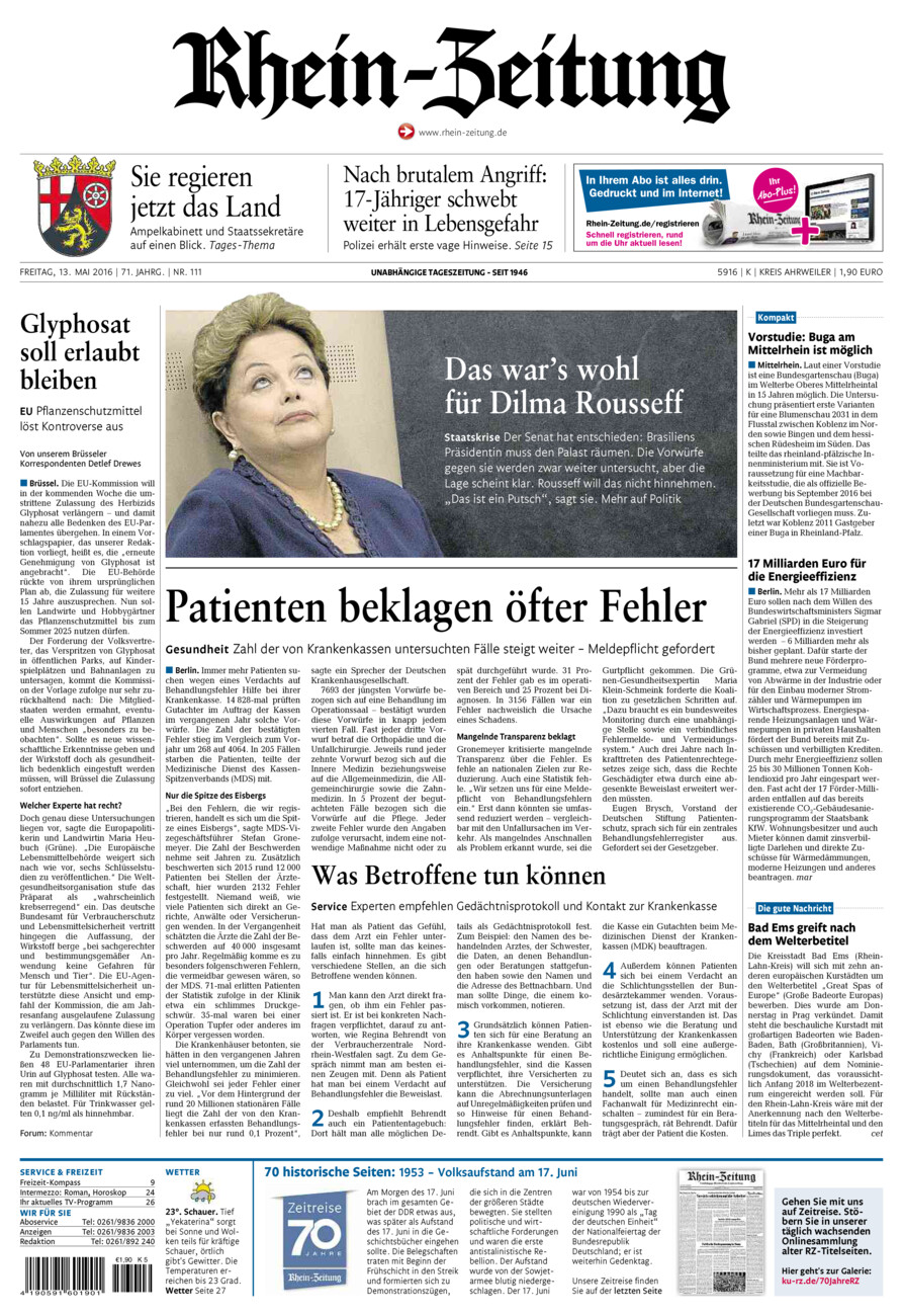 Rhein-Zeitung Kreis Ahrweiler vom Freitag, 13.05.2016