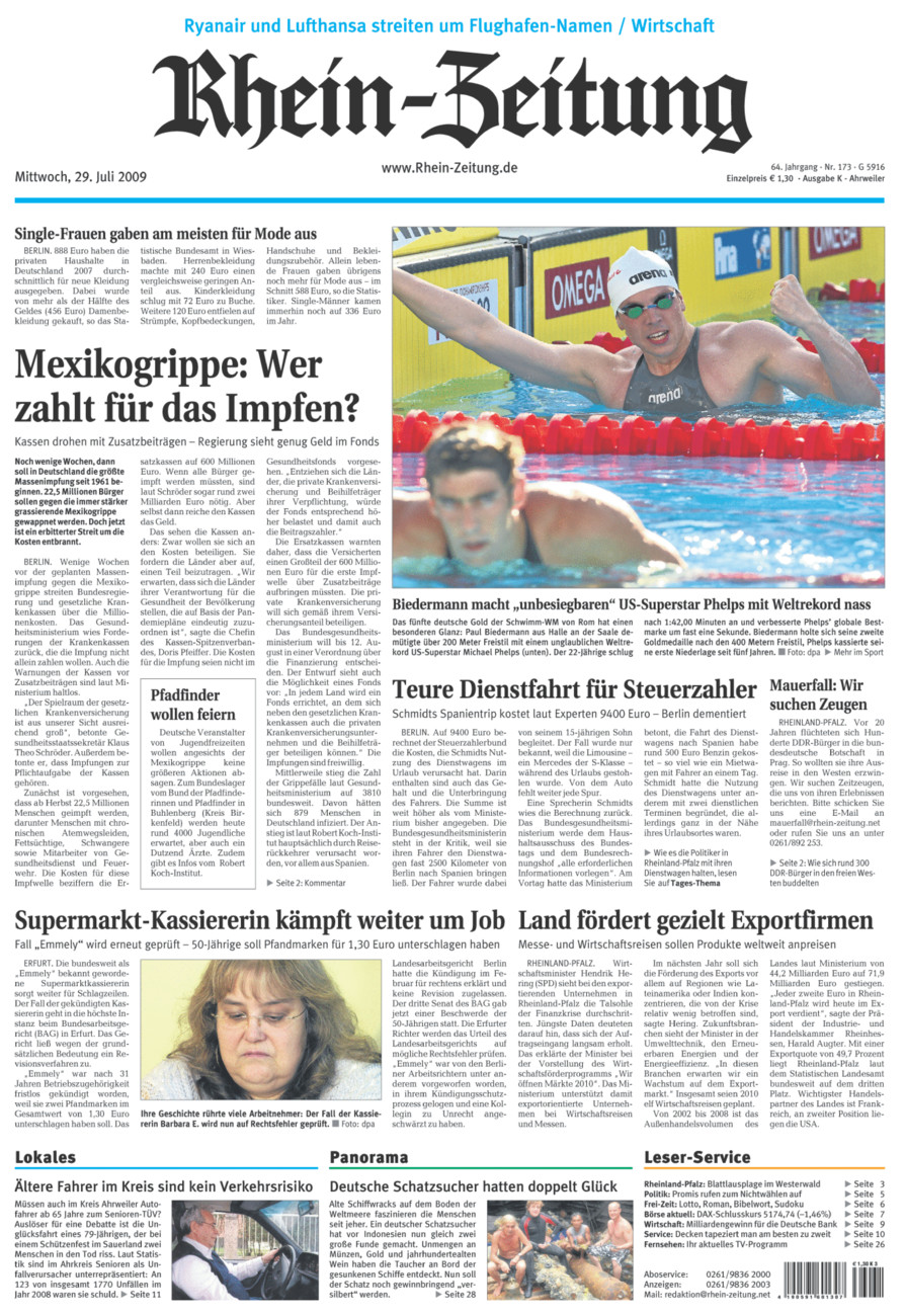 Rhein-Zeitung Kreis Ahrweiler vom Mittwoch, 29.07.2009