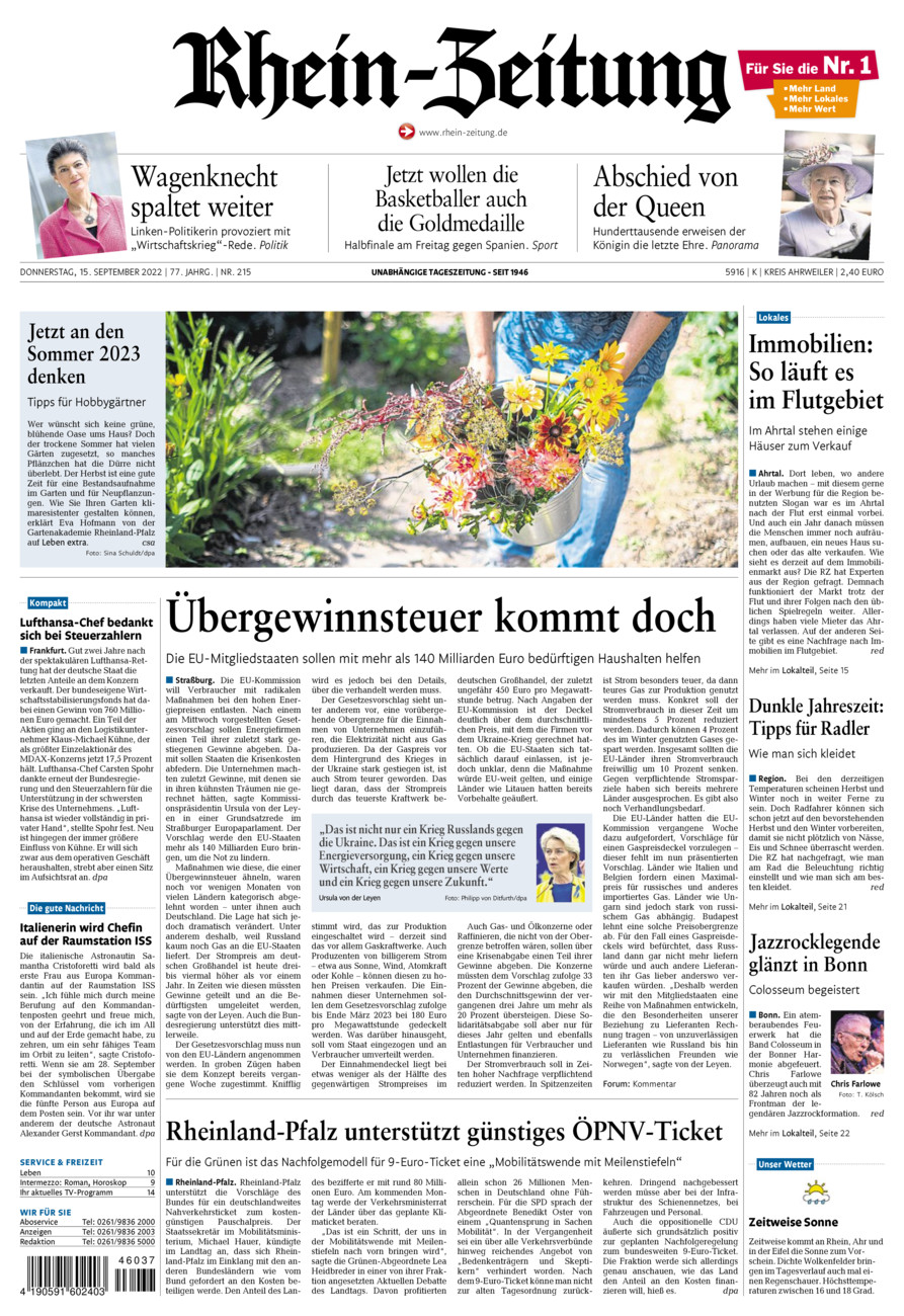 Rhein-Zeitung Kreis Ahrweiler vom Donnerstag, 15.09.2022