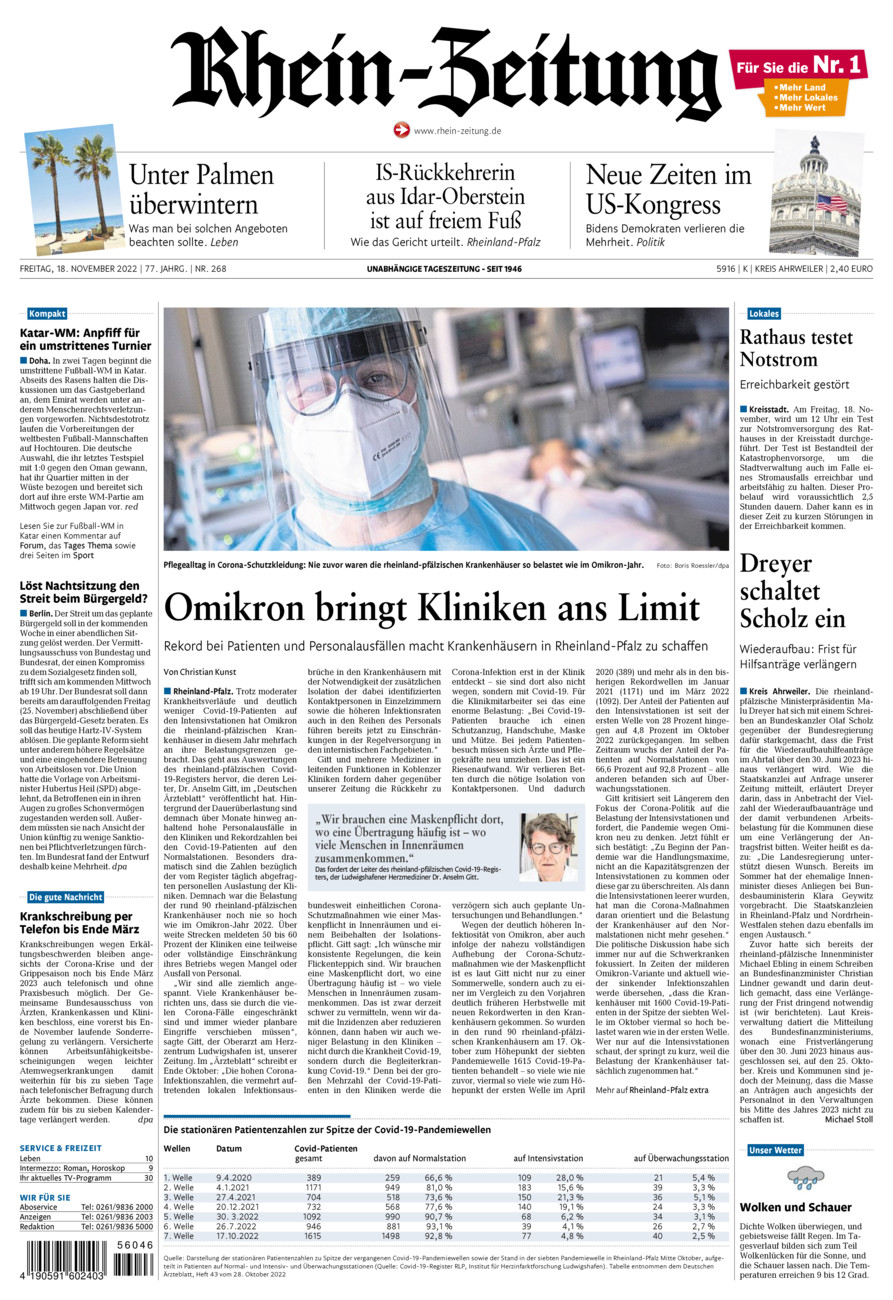 Rhein-Zeitung Kreis Ahrweiler vom Freitag, 18.11.2022
