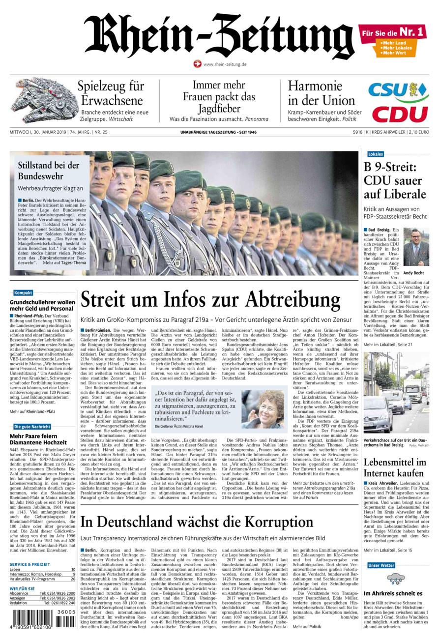 Rhein-Zeitung Kreis Ahrweiler vom Mittwoch, 30.01.2019