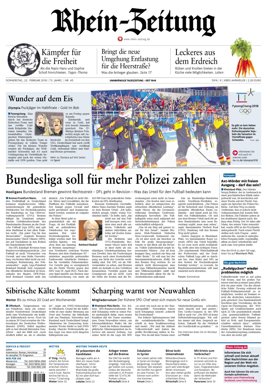Rhein-Zeitung Kreis Ahrweiler vom Donnerstag, 22.02.2018