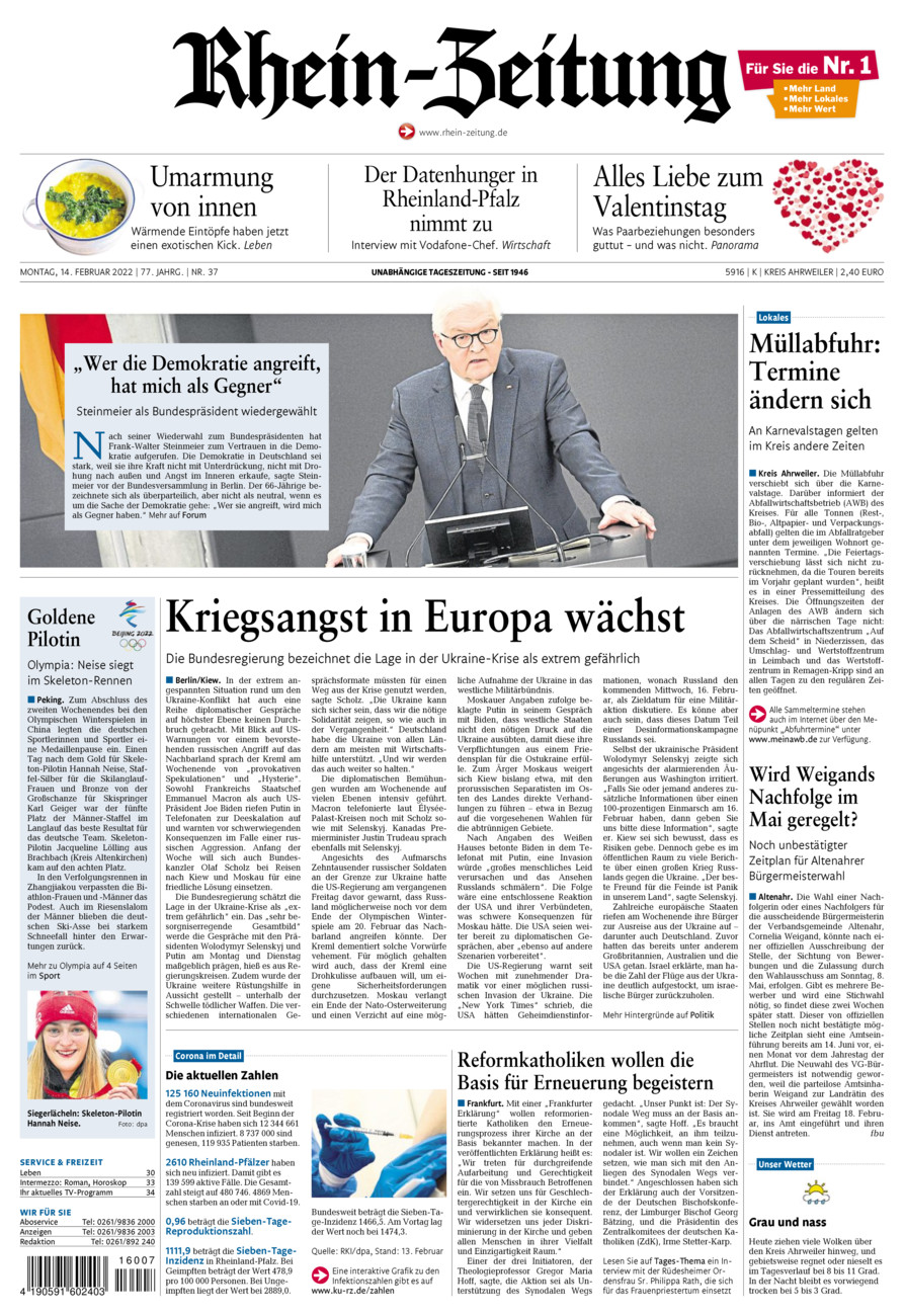Rhein-Zeitung Kreis Ahrweiler vom Montag, 14.02.2022