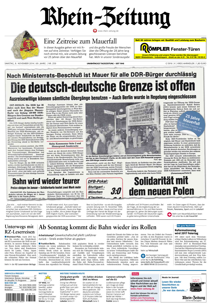 Rhein-Zeitung Kreis Ahrweiler vom Samstag, 08.11.2014