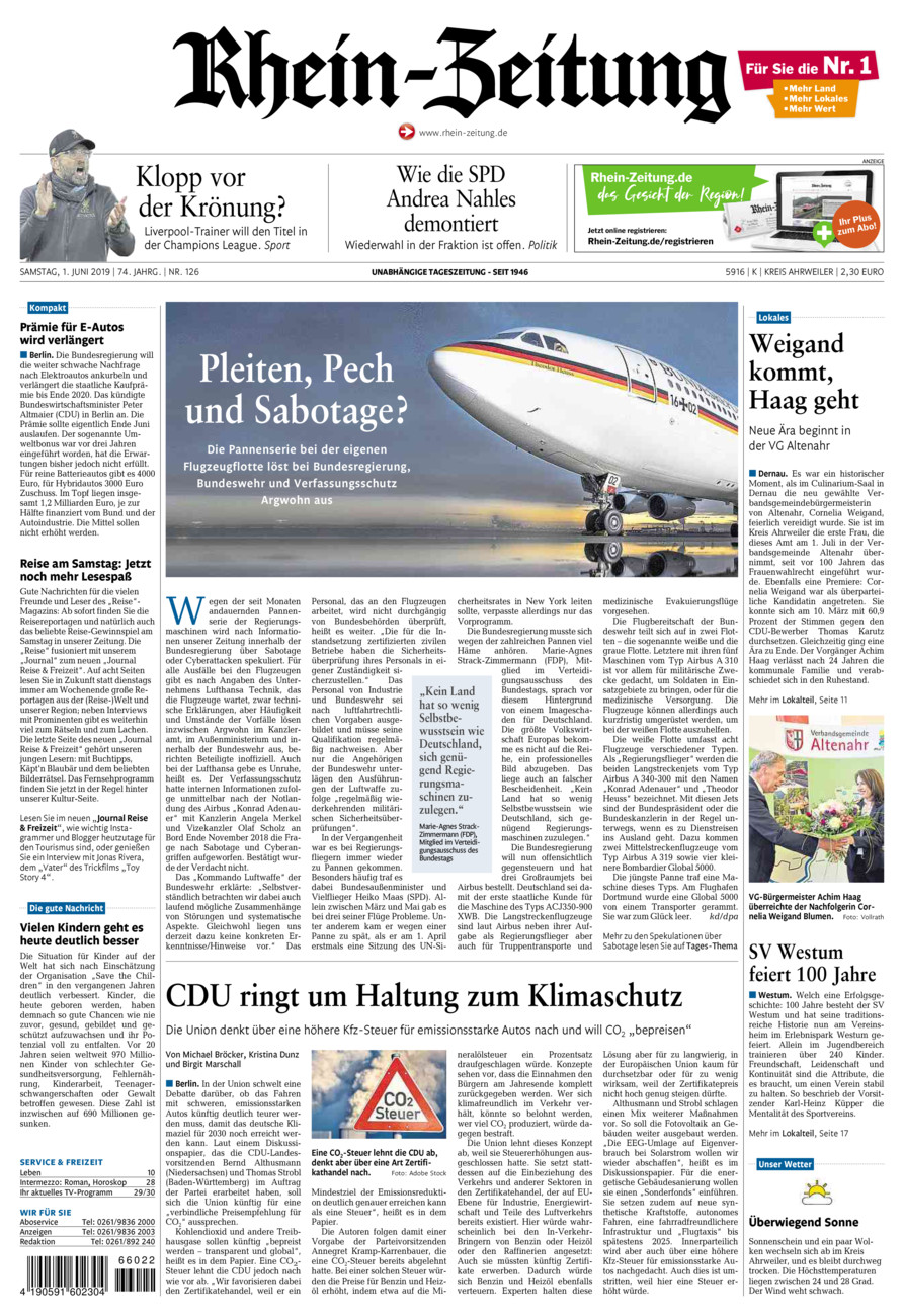 Rhein-Zeitung Kreis Ahrweiler vom Samstag, 01.06.2019
