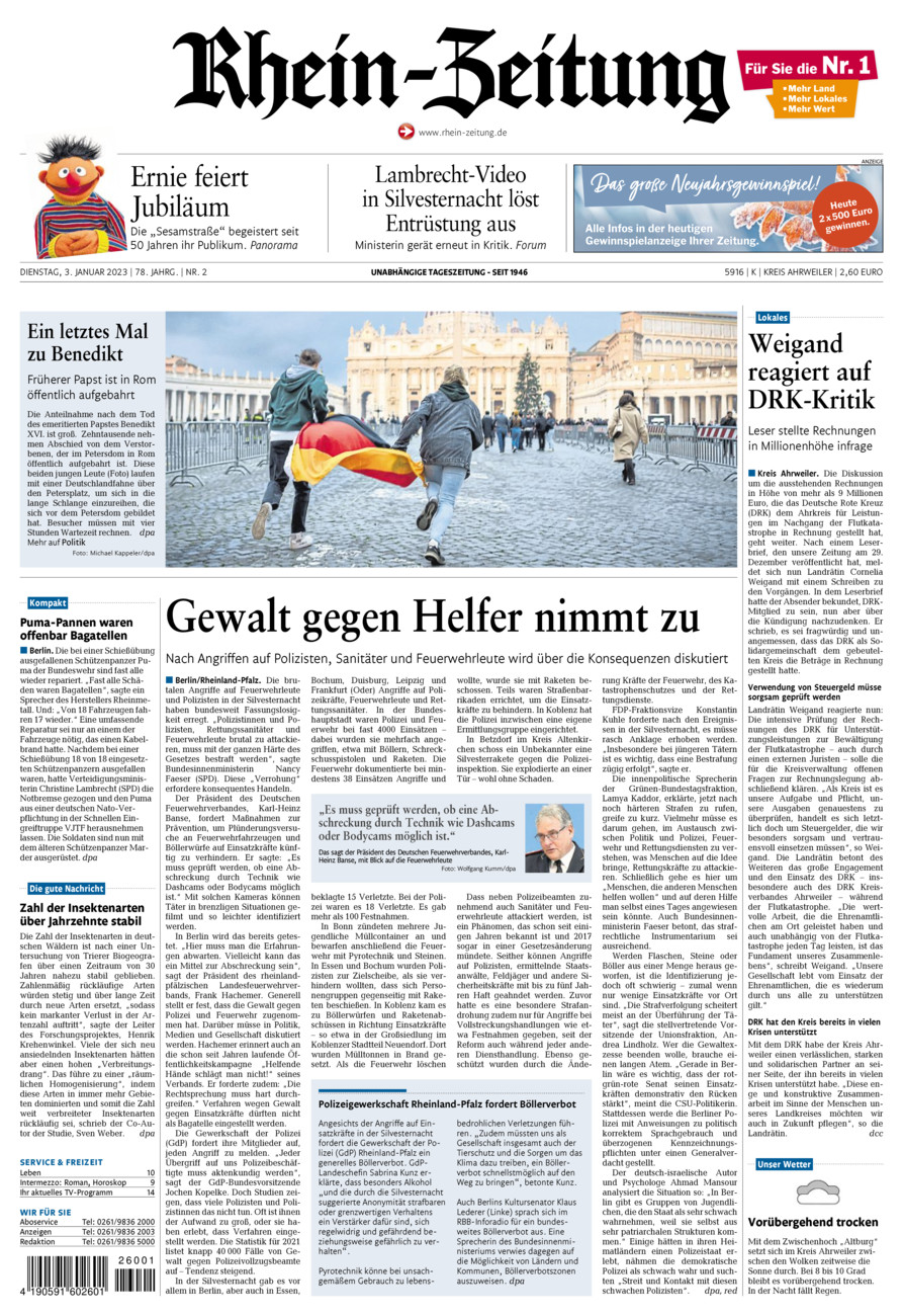 Rhein-Zeitung Kreis Ahrweiler vom Dienstag, 03.01.2023