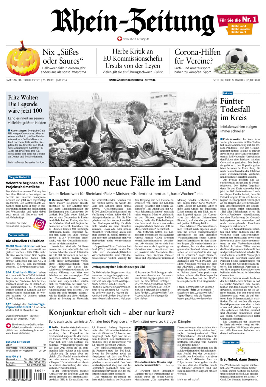 Rhein-Zeitung Kreis Ahrweiler vom Samstag, 31.10.2020