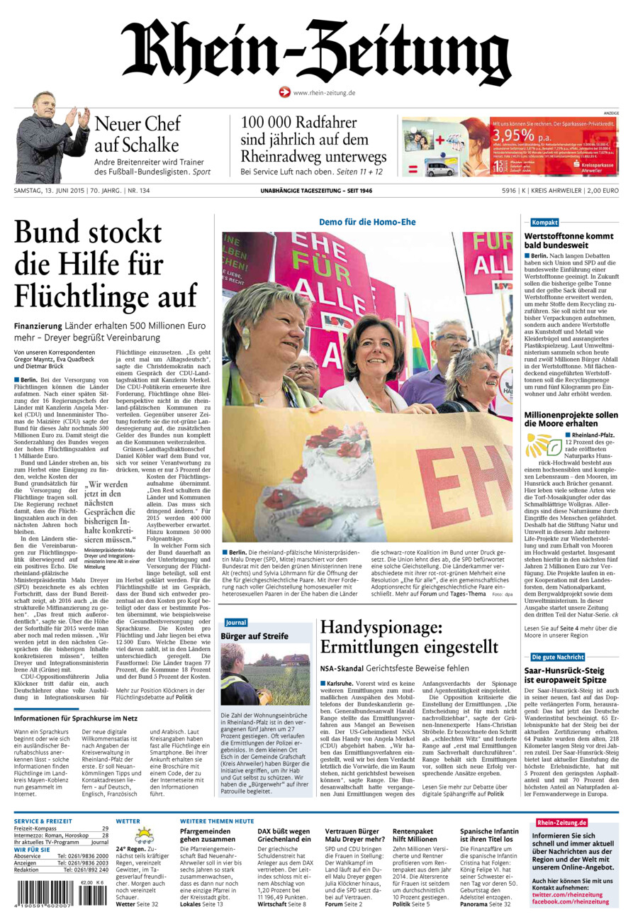 Rhein-Zeitung Kreis Ahrweiler vom Samstag, 13.06.2015