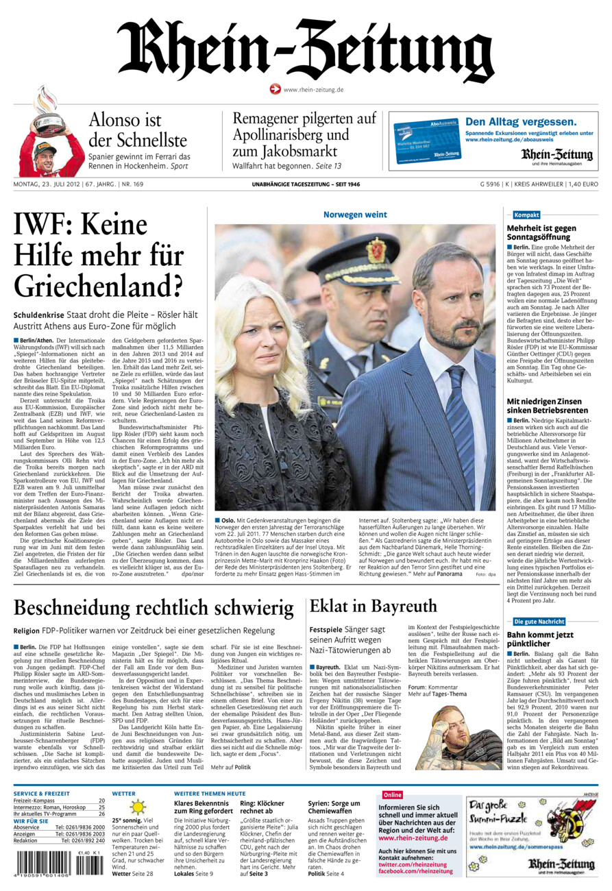 Rhein-Zeitung Kreis Ahrweiler vom Montag, 23.07.2012
