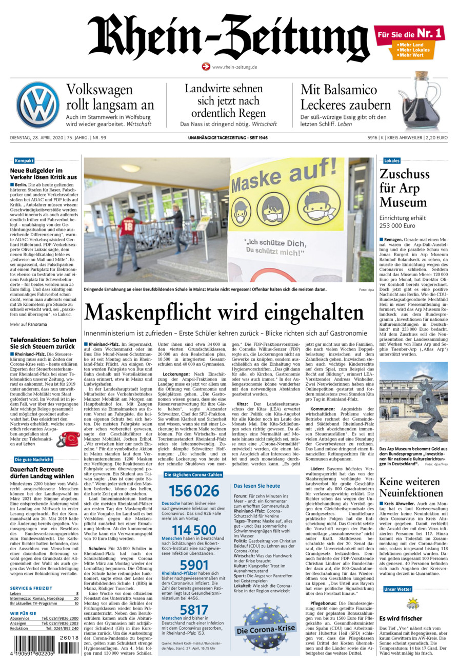 Rhein-Zeitung Kreis Ahrweiler vom Dienstag, 28.04.2020