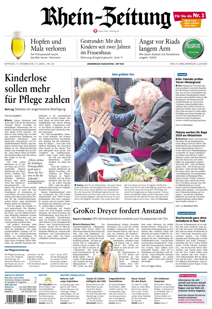 Rhein-Zeitung Kreis Ahrweiler vom Mittwoch, 17.10.2018